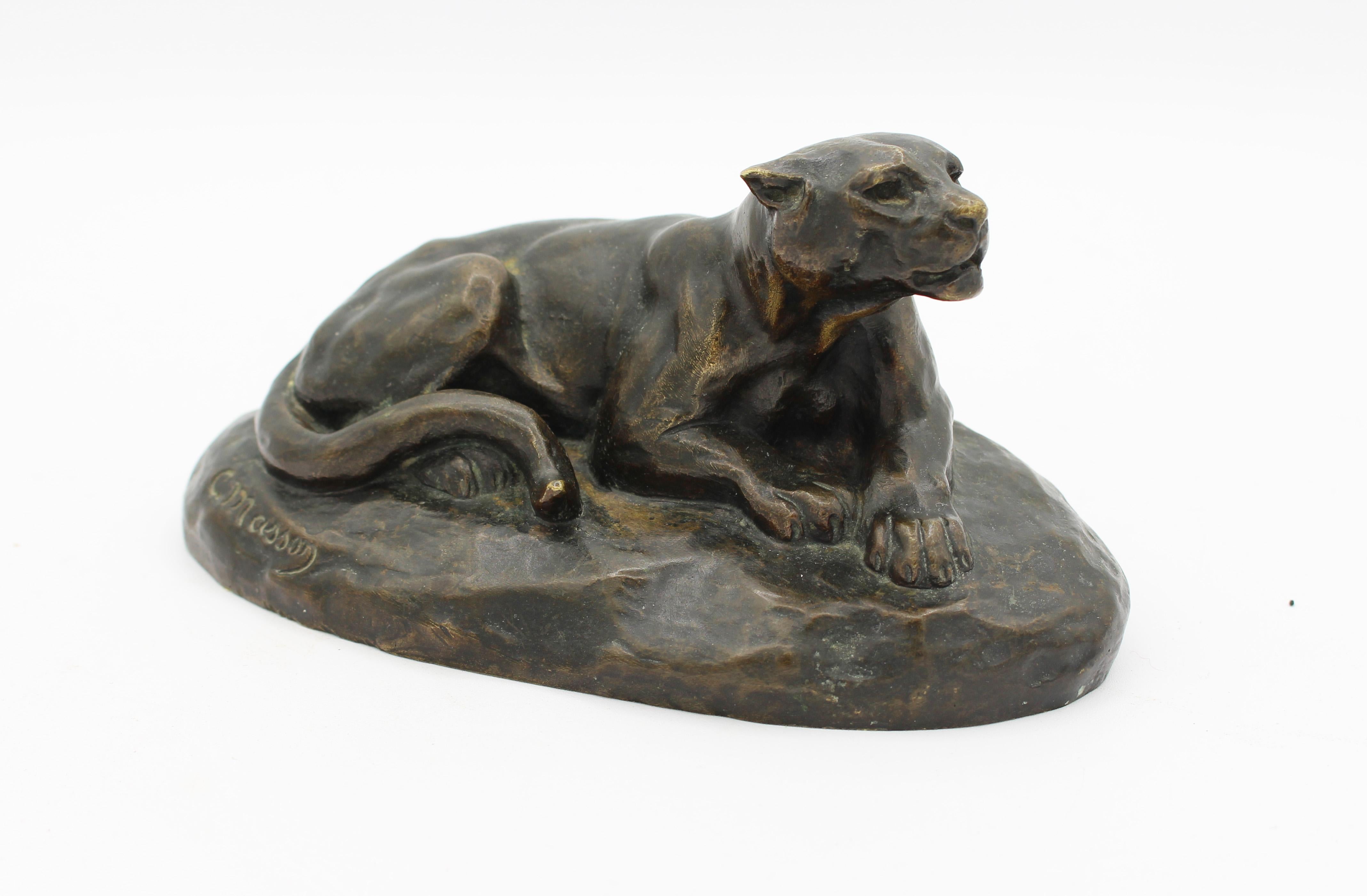 A signed C. Masson animalier bronze lions - recumbent yet alert, c.1900. Clovis-Edmond Masson, France, 1838-1913. Pupil of Barye, Rouillard & Santiago. Exhibited regularly at The Salon from 1867-1909. His sculpting anticipated the style dominant