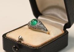Circa 1900 Cabochon Emerald W/ Diamond (approx .80ct) Ring 18k Yellow Gold
