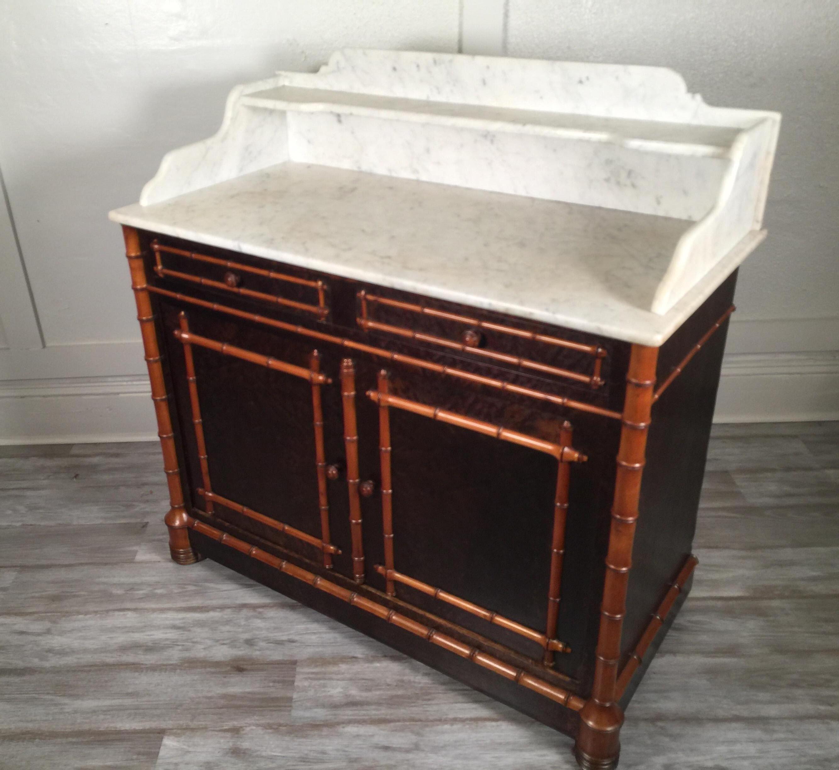 Carved Wood Faux Bamboo Two-Tier Marble-Top Cabinet, Dry Bar, circa 1900 10