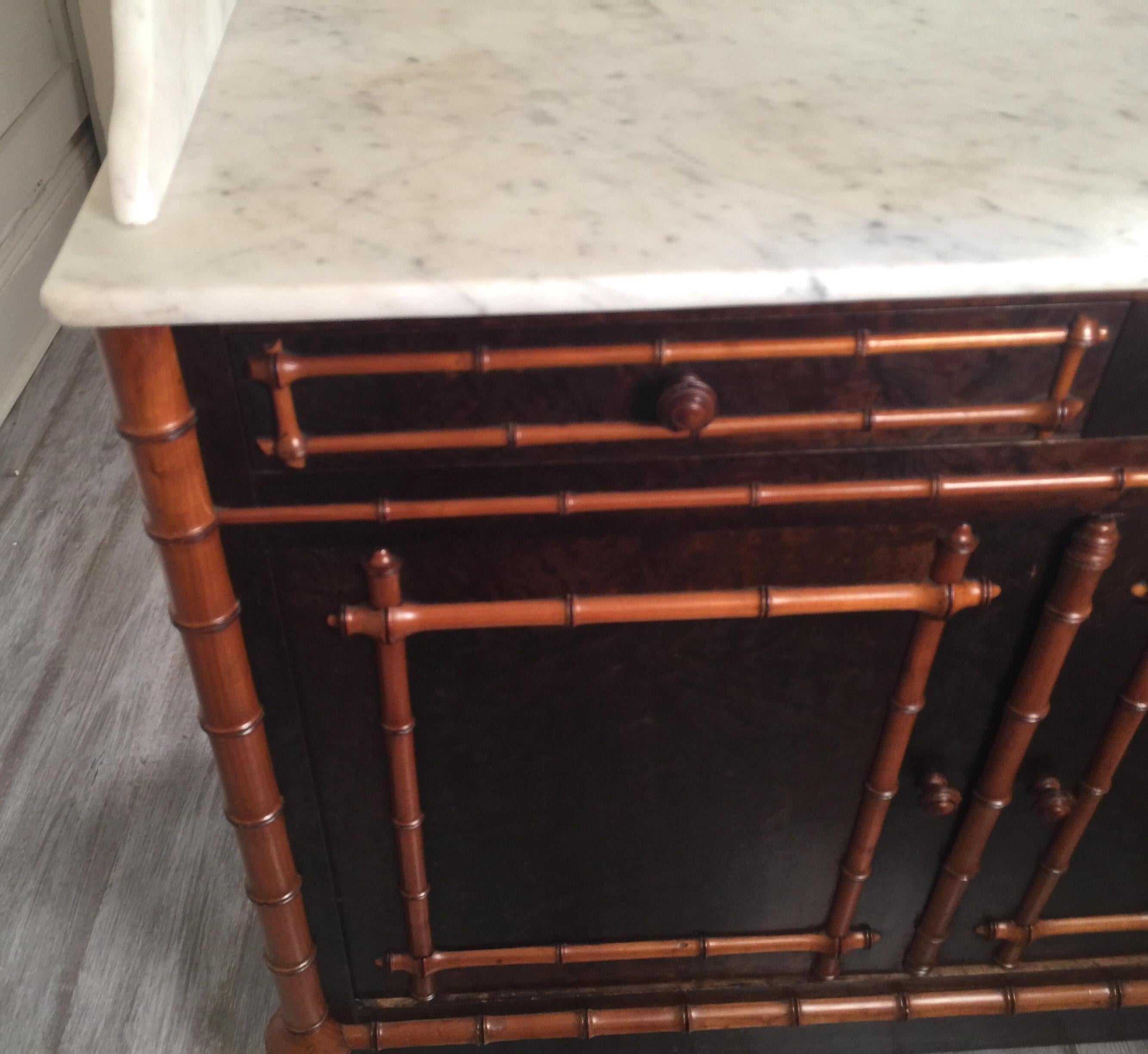 Carved Wood Faux Bamboo Two-Tier Marble-Top Cabinet, Dry Bar, circa 1900 13
