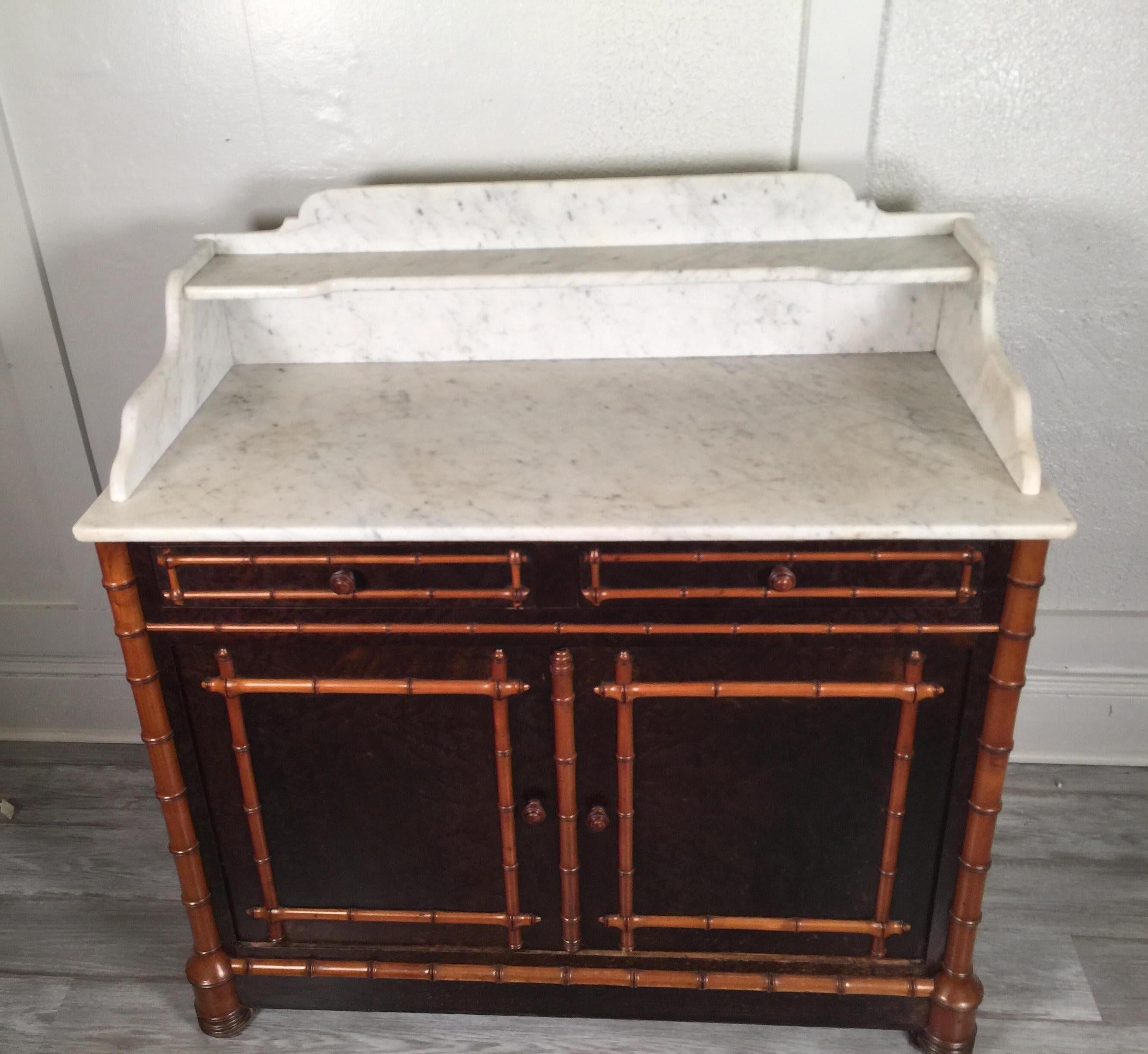 American Carved Wood Faux Bamboo Two-Tier Marble-Top Cabinet, Dry Bar, circa 1900