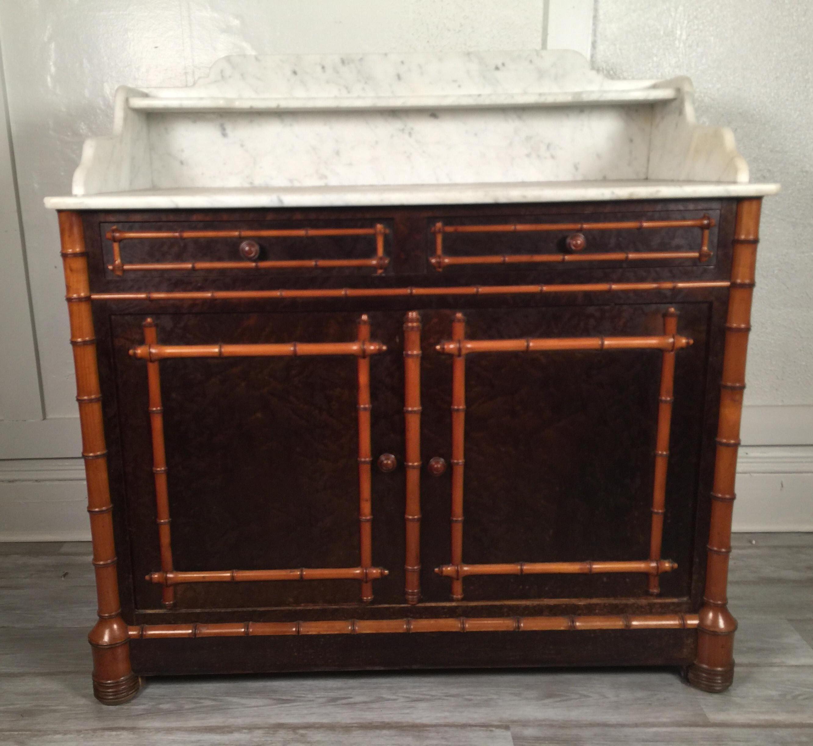 Carved Wood Faux Bamboo Two-Tier Marble-Top Cabinet, Dry Bar, circa 1900 In Good Condition In Lambertville, NJ