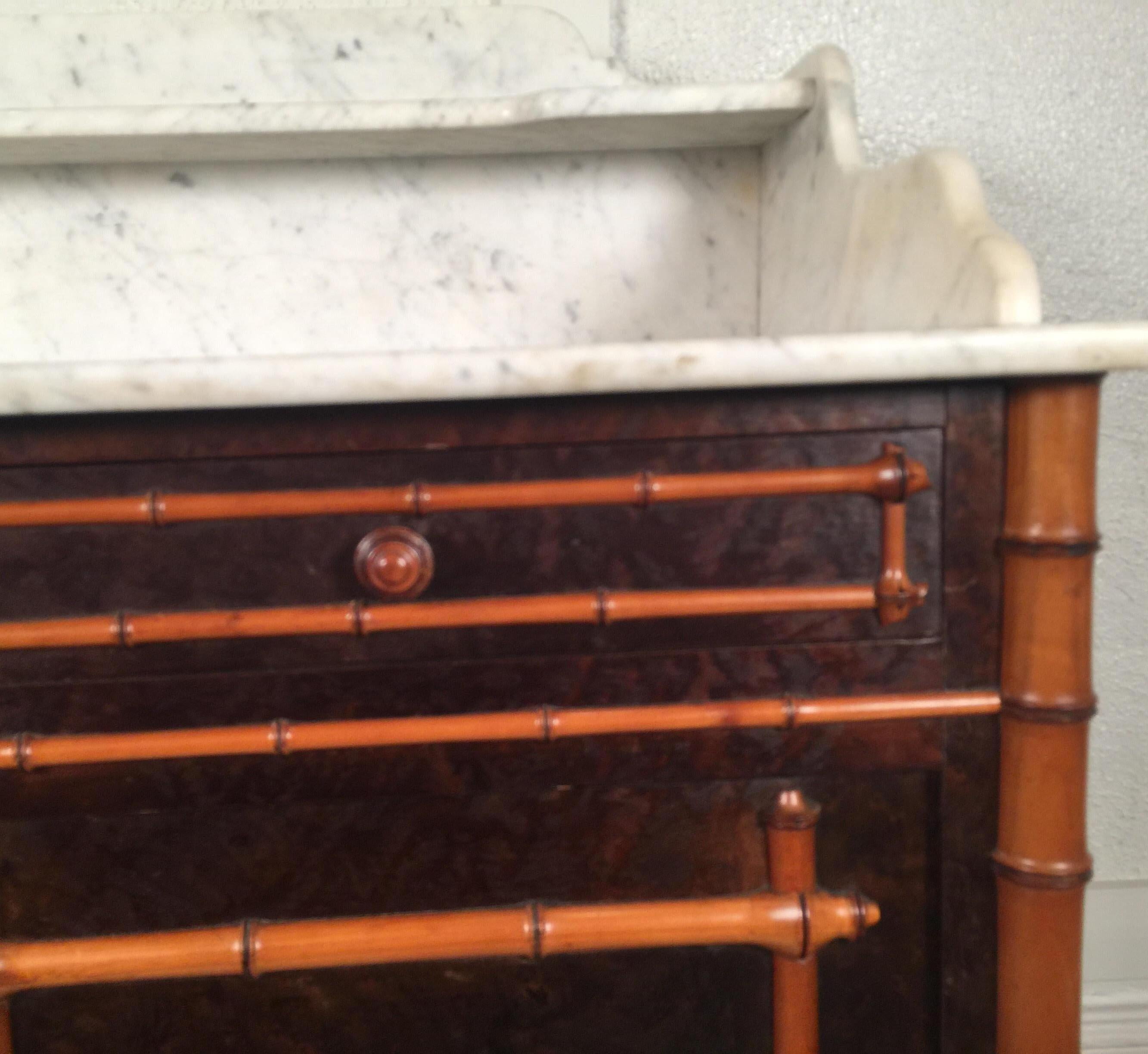 Late 19th Century Carved Wood Faux Bamboo Two-Tier Marble-Top Cabinet, Dry Bar, circa 1900