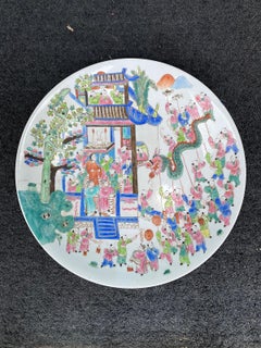 Circa 1900 Chinese Porcelain Charger, Garden Scene Pagoda, Marked