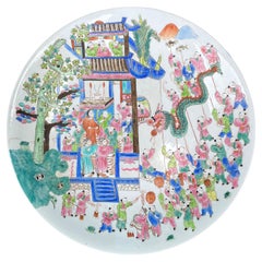 Circa 1900 Chinese Porcelain Charger, Garden Scene Pagoda, Marked