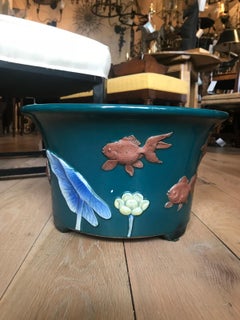 Chinese Teal Glazed Ceramic Cachepot with Koi, Unmarked, circa 1900
