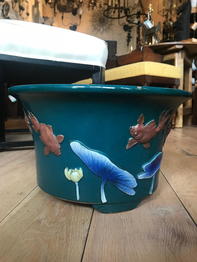 Chinese Teal Glazed Ceramic Cachepot with Koi, Unmarked, circa 1900 For ...