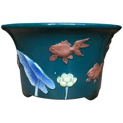 Chinese Teal Glazed Ceramic Cachepot with Koi, Unmarked, circa 1900