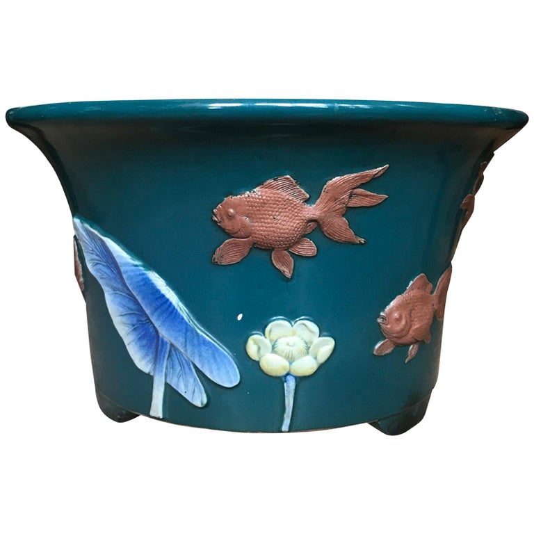 Chinese Teal Glazed Ceramic Cachepot with Koi, Unmarked, circa 1900 For ...