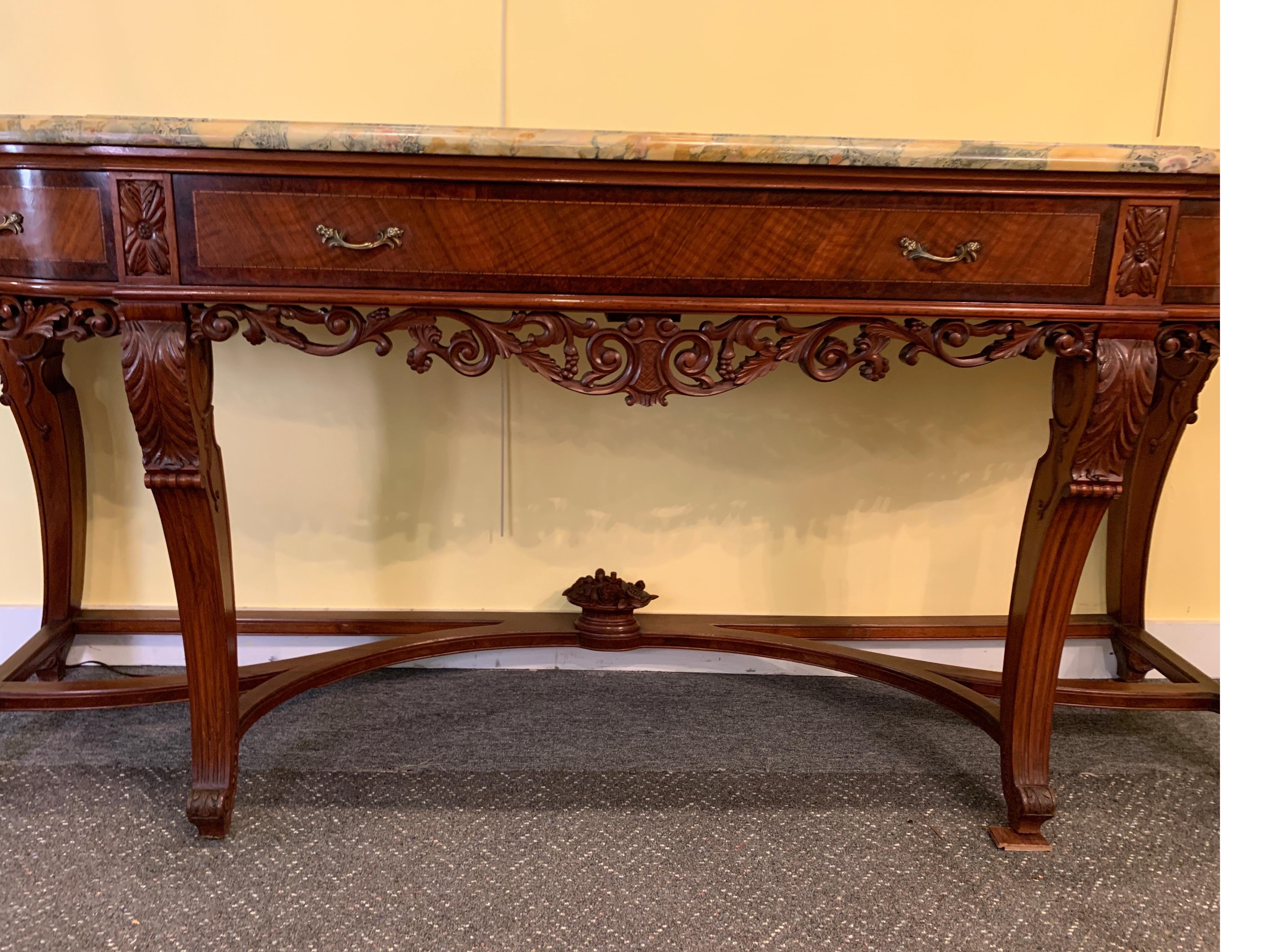 European Continental Carved Walnut and Inlaid Marble-Top Console/Sideboard, circa 1900
