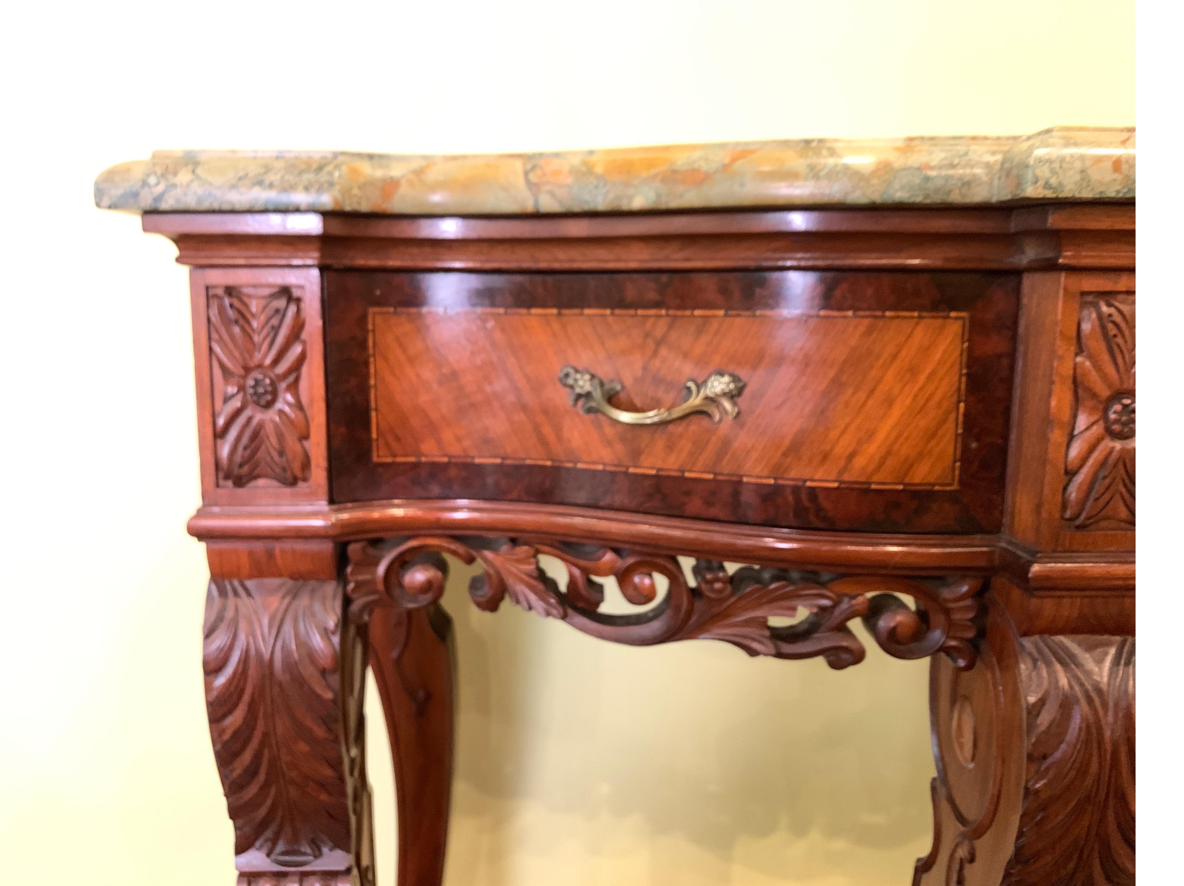 Continental Carved Walnut and Inlaid Marble-Top Console/Sideboard, circa 1900 In Good Condition In Lambertville, NJ