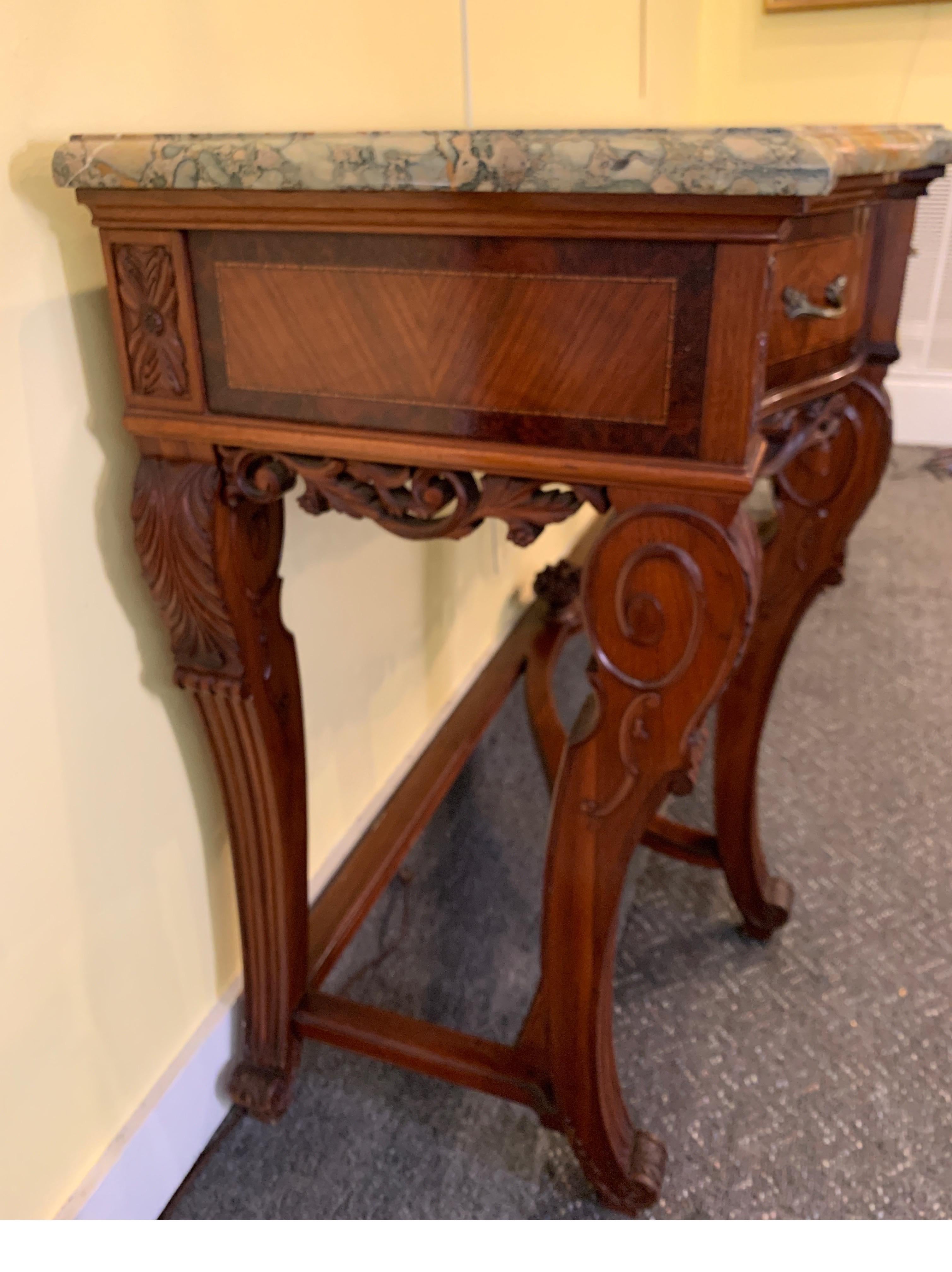 20th Century Continental Carved Walnut and Inlaid Marble-Top Console/Sideboard, circa 1900