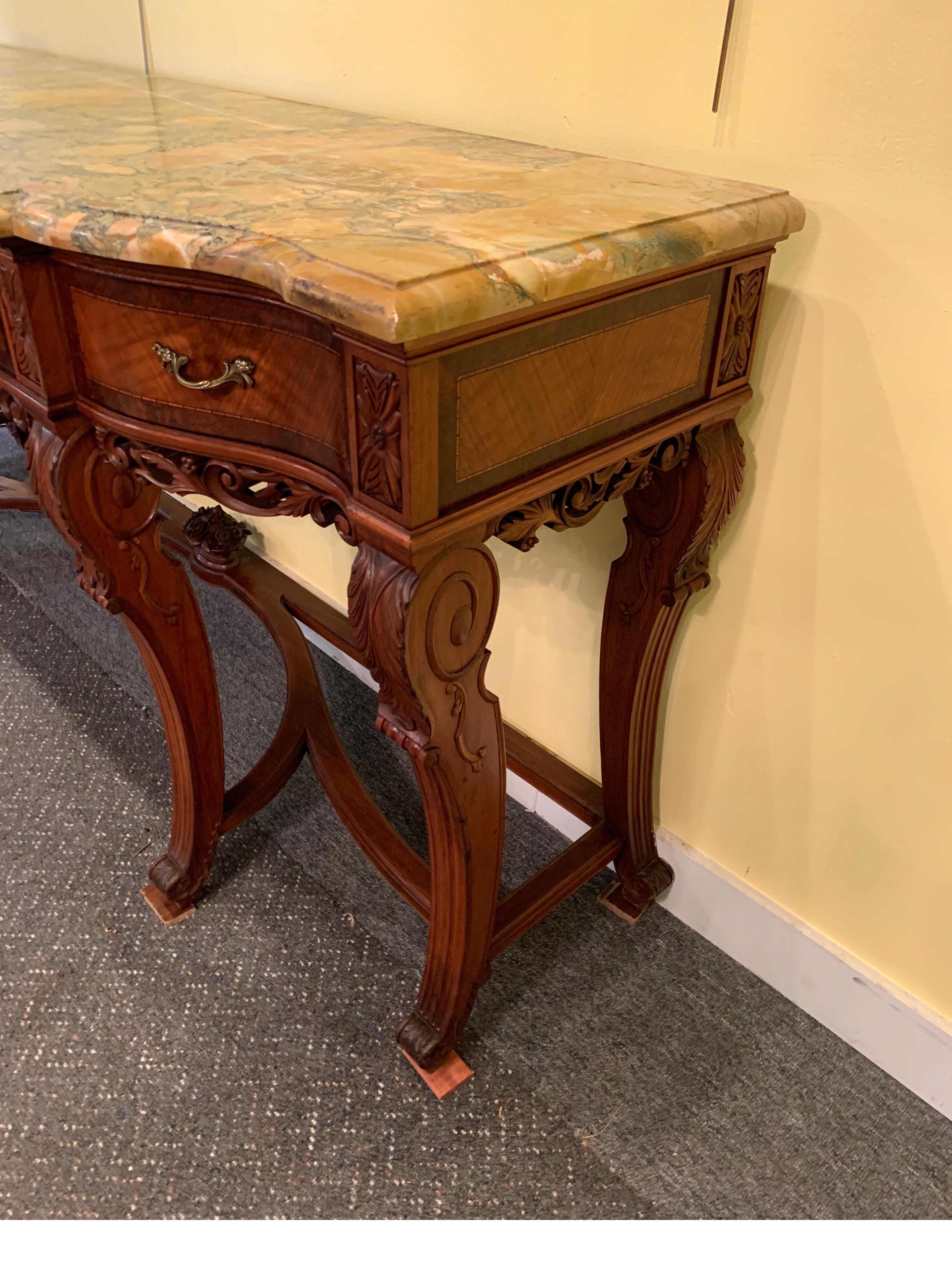 Continental Carved Walnut and Inlaid Marble-Top Console/Sideboard, circa 1900 1