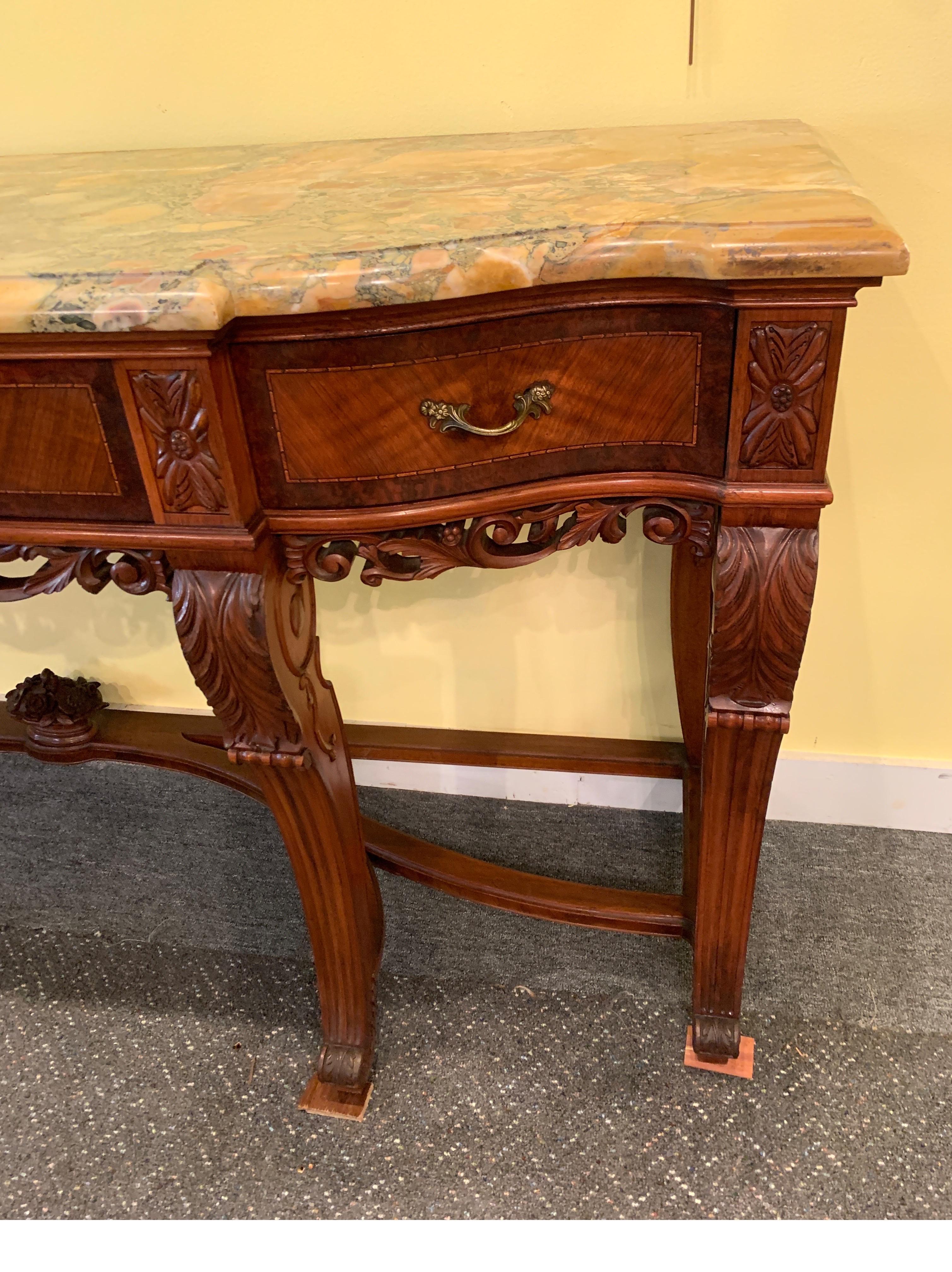 Continental Carved Walnut and Inlaid Marble-Top Console/Sideboard, circa 1900 2