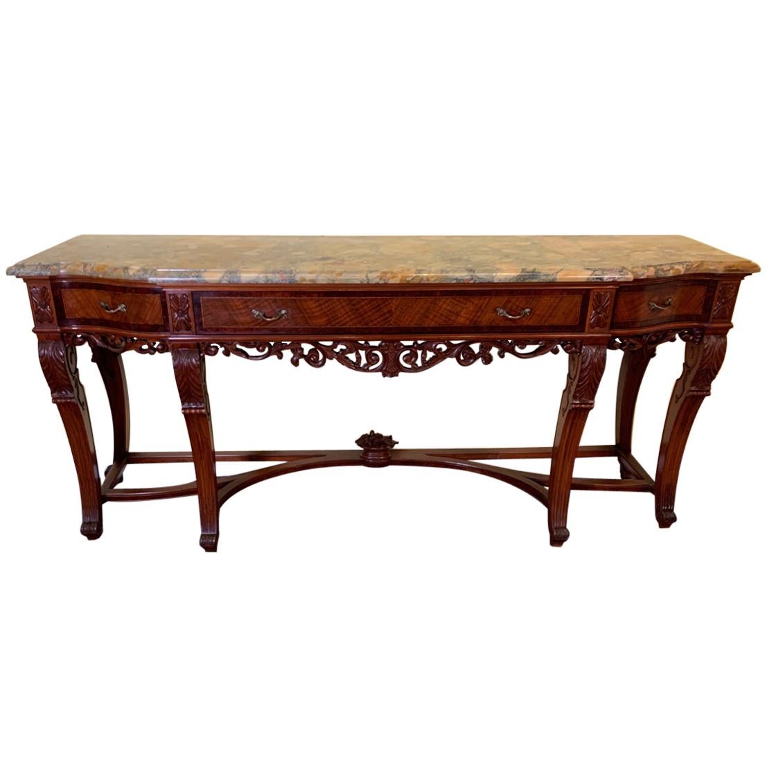 Continental Carved Walnut and Inlaid Marble-Top Console/Sideboard, circa 1900