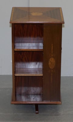 Edwardian Burr Walnut & Hardwood Revolving Bookcases Sheraton Inlaid, circa 1900