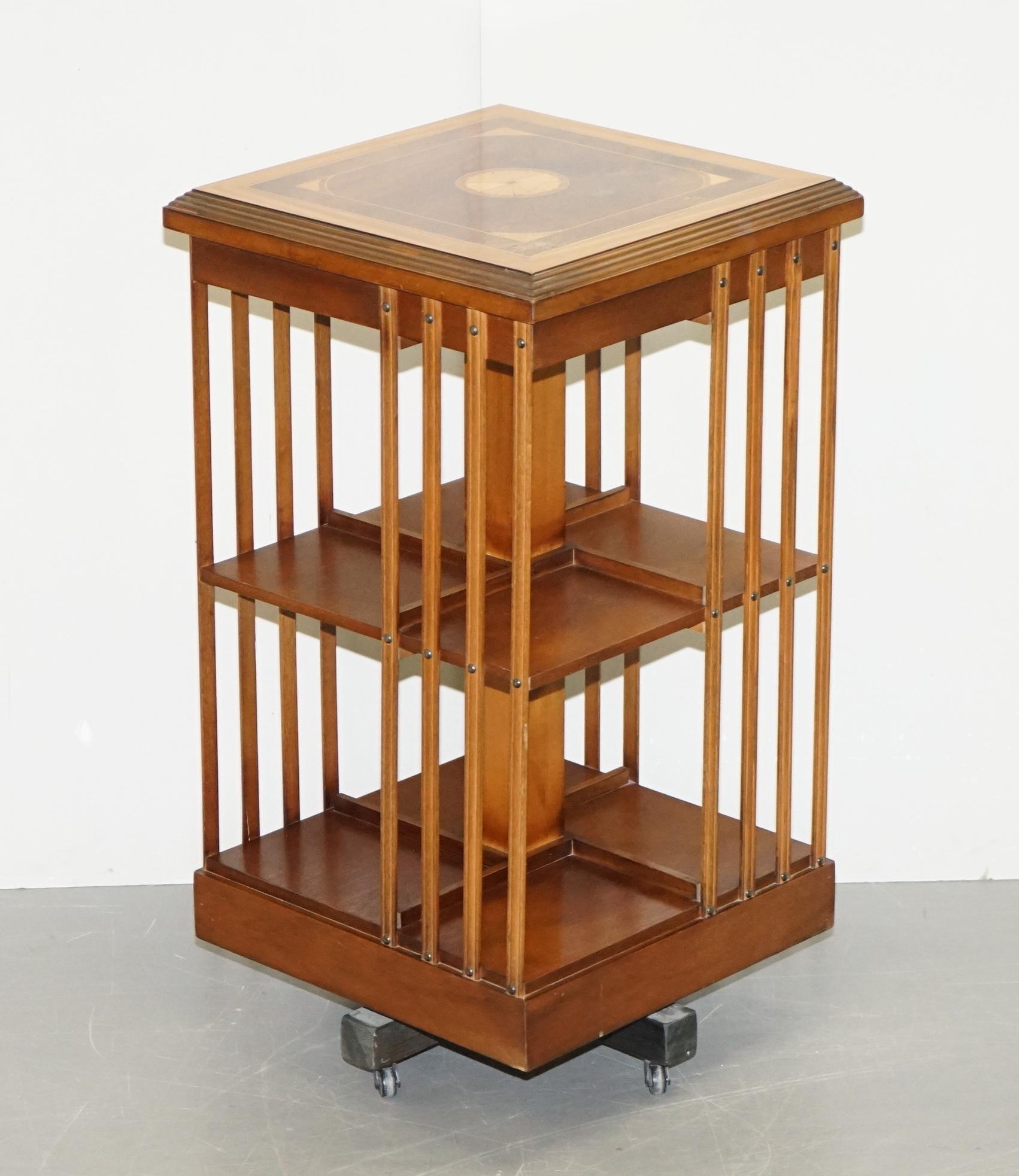 We are delighted to offer for sale this stunning circa 1900 burr walnut and satinwood revolving bookcase with Sheraton inlay to the top

An exceptionally well made and highly decorative library bookcase. This is a very versatile piece of furniture