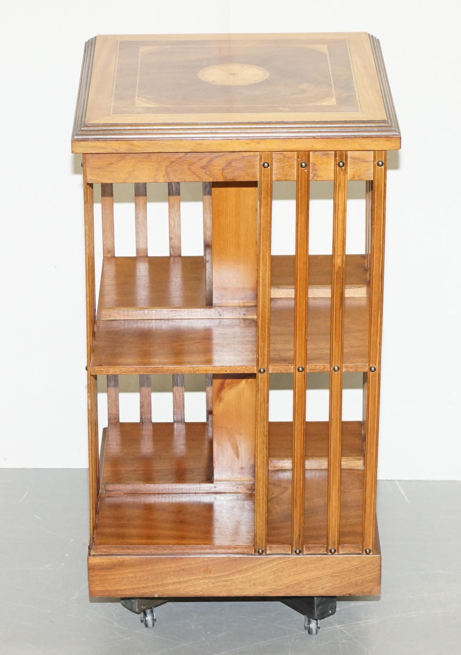 English Edwardian Burr Walnut & Satinwood Revolving Bookcases Sheraton Inlaid circa 1900 For Sale