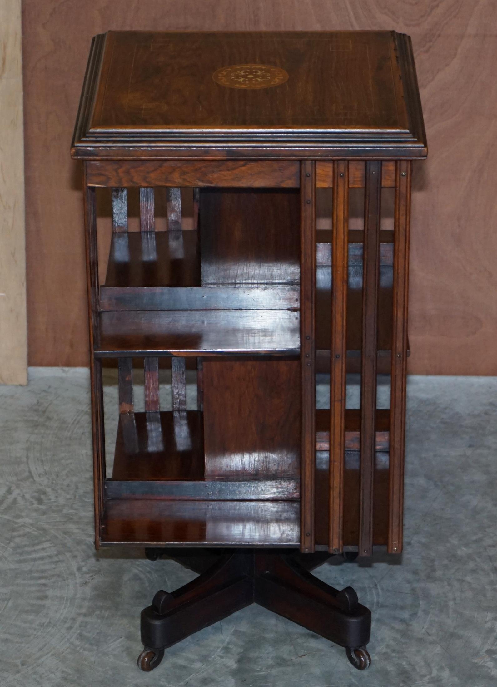 English Circa 1900 Edwardian Hardwood Revolving Bookcase Sheraton Inlaid Book Table For Sale