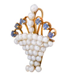 Edwardian Pearl Sapphire 14 Karat Gold Flower Basket Pendant, circa 1900