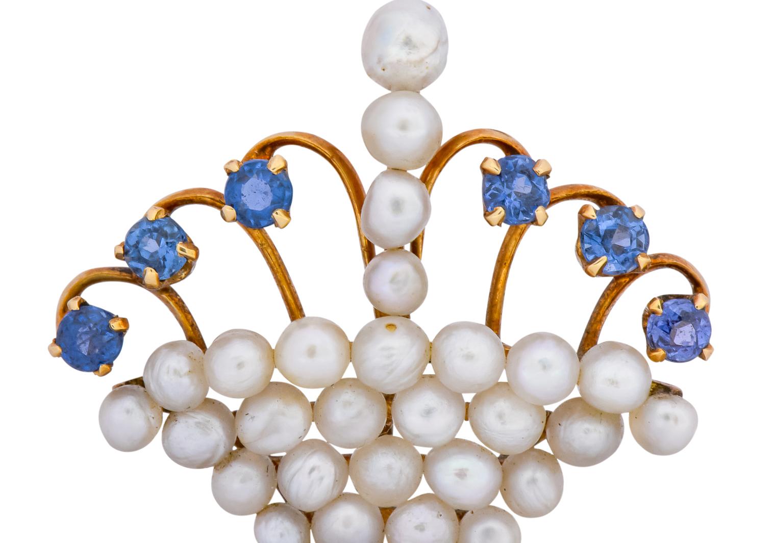 Edwardian Pearl Sapphire 14 Karat Gold Flower Basket Pendant, circa 1900 2