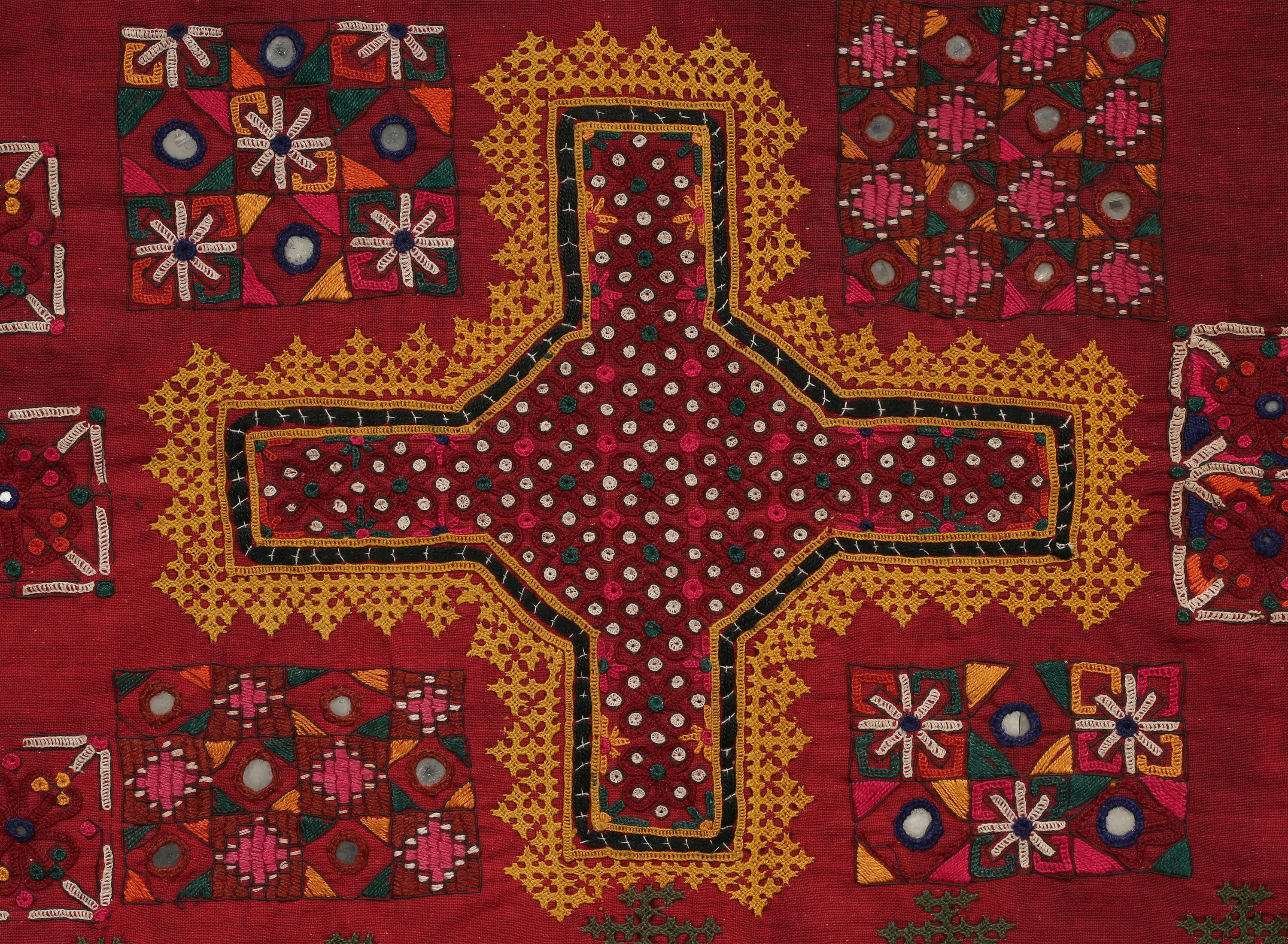 Embroidered Cradle cloth (Ghodiyu), Gujarat, India, circa 1900

This intricately embroidered cradle cloth features the Huramchi stitch (crochet-like) on hand-loomed cotton. Stylistic and design elements of this unique textile refer to the