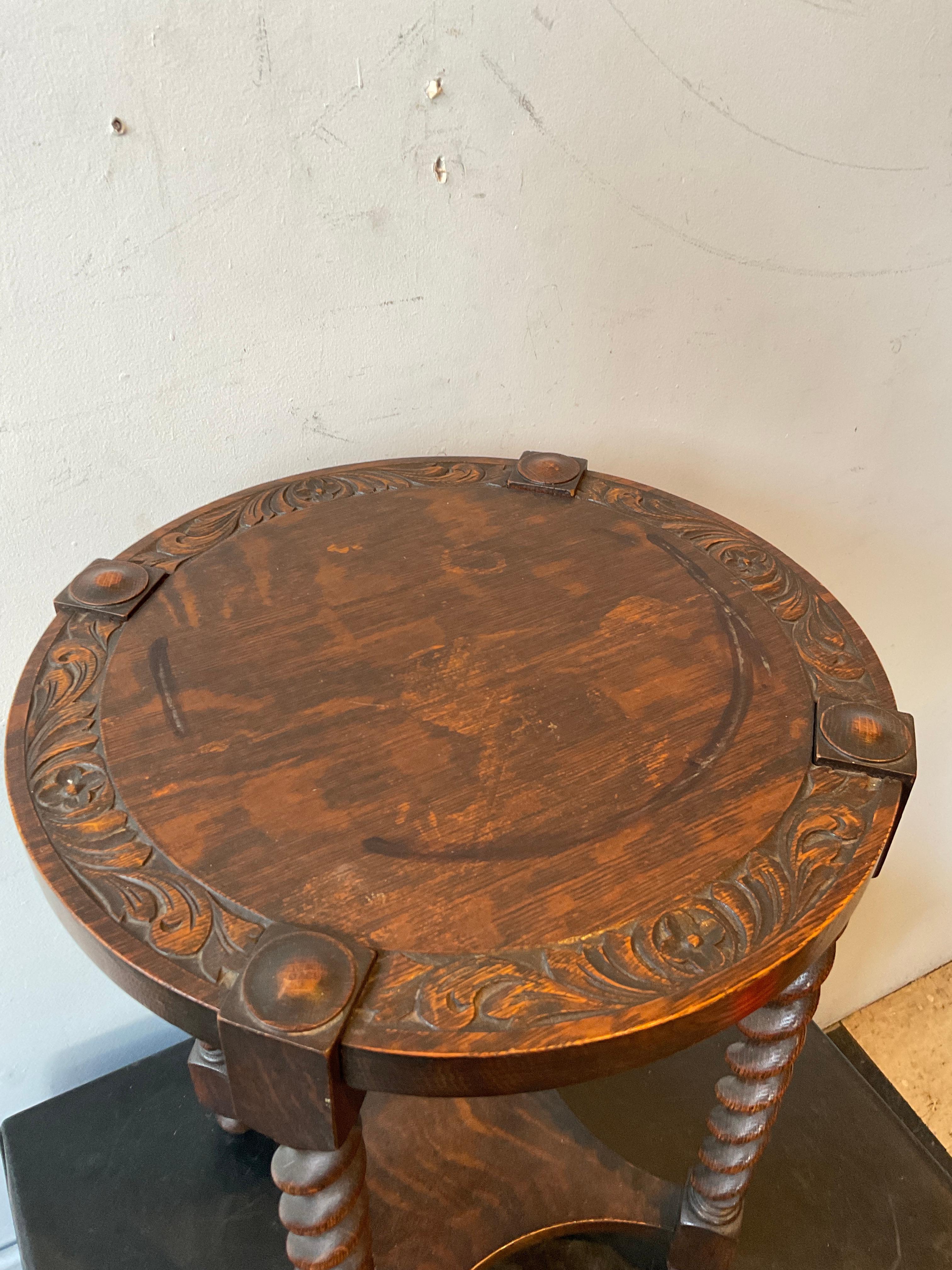Circa 1900 English Barley Twist side table. Marks on top of table as shown in picture.