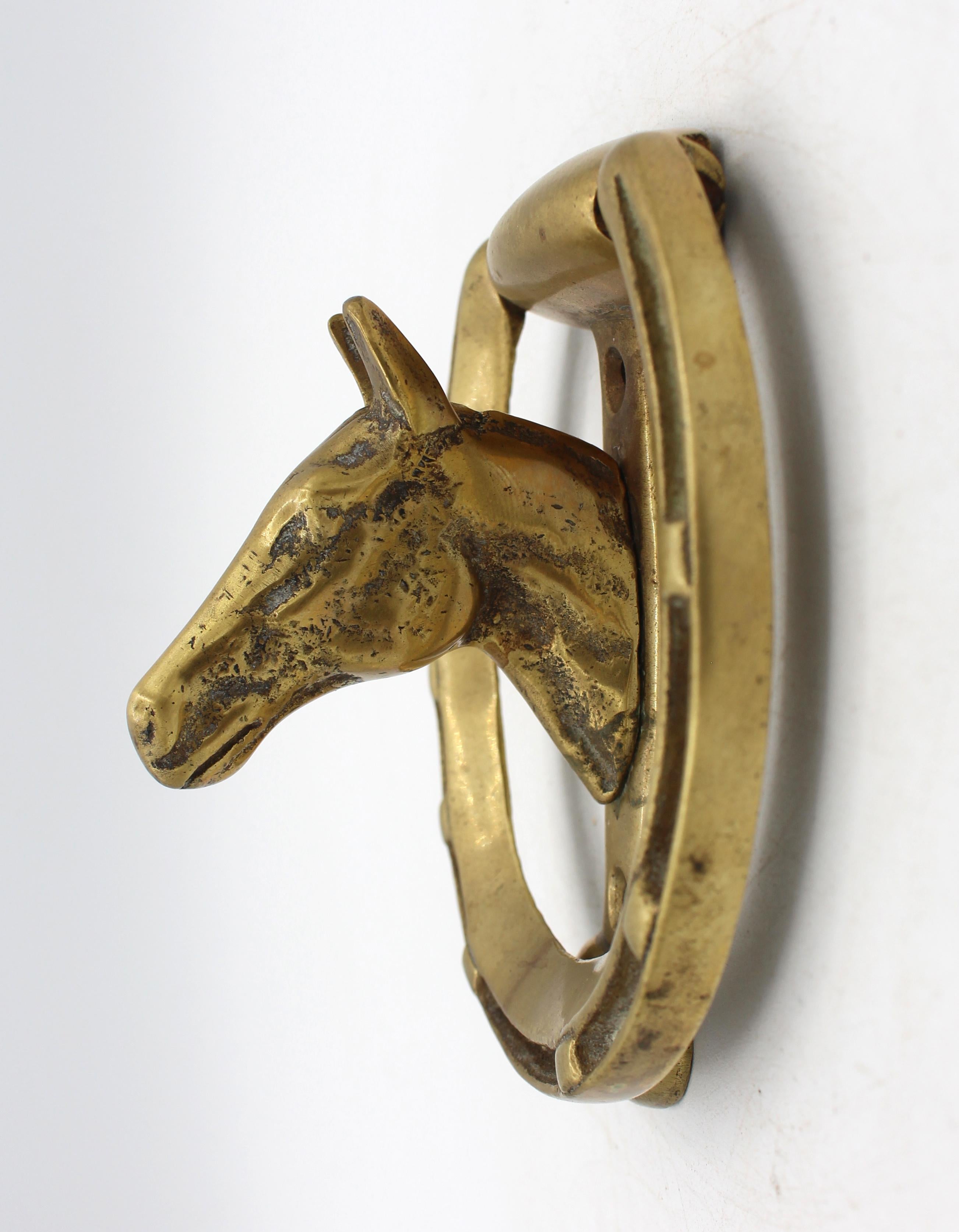 Circa 1900 English Brass Horse Motif Door Knocker In Good Condition In Chapel Hill, NC