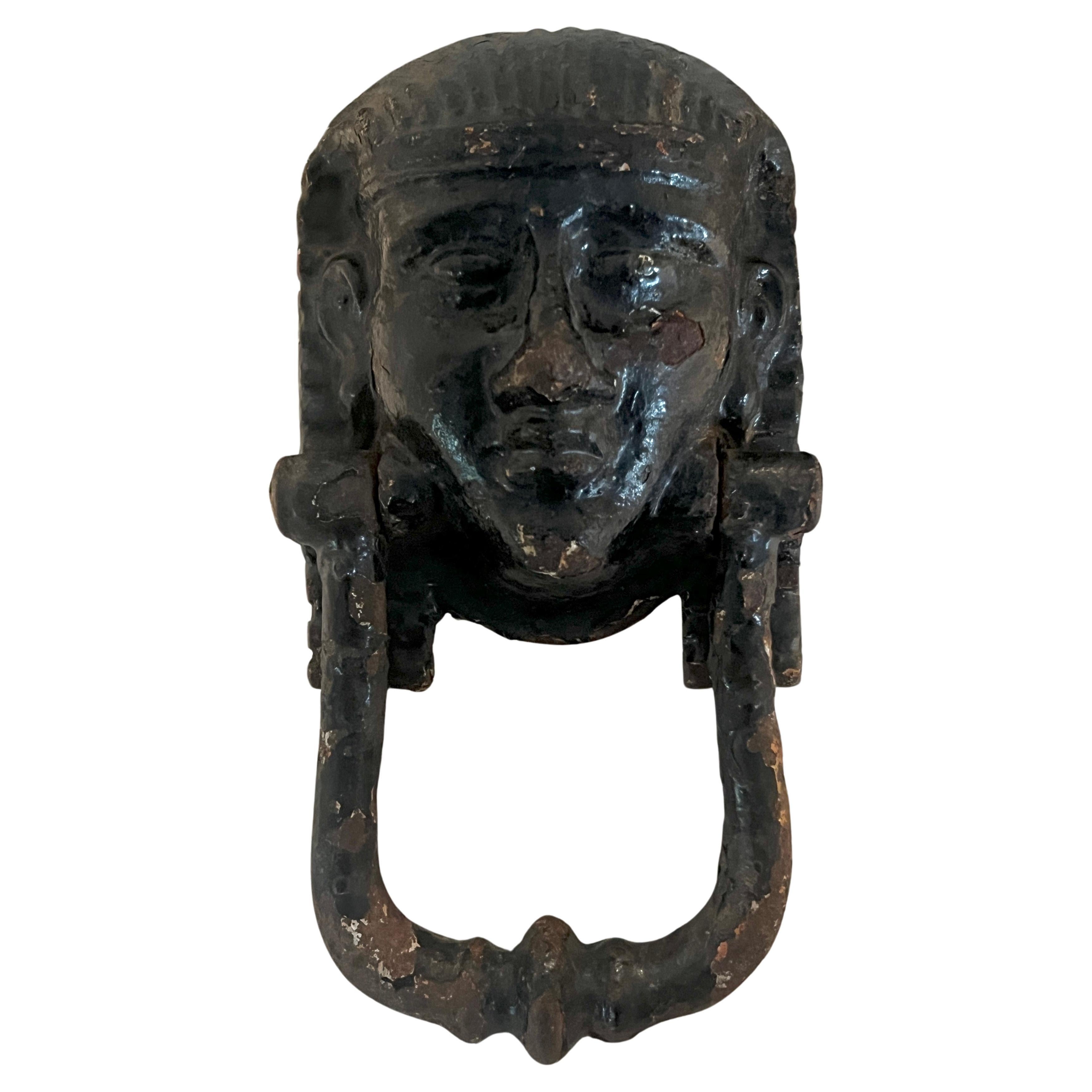 Hand-Crafted Circa 1900 English Cast Iron Pharaoh Head Door Knocker For Sale