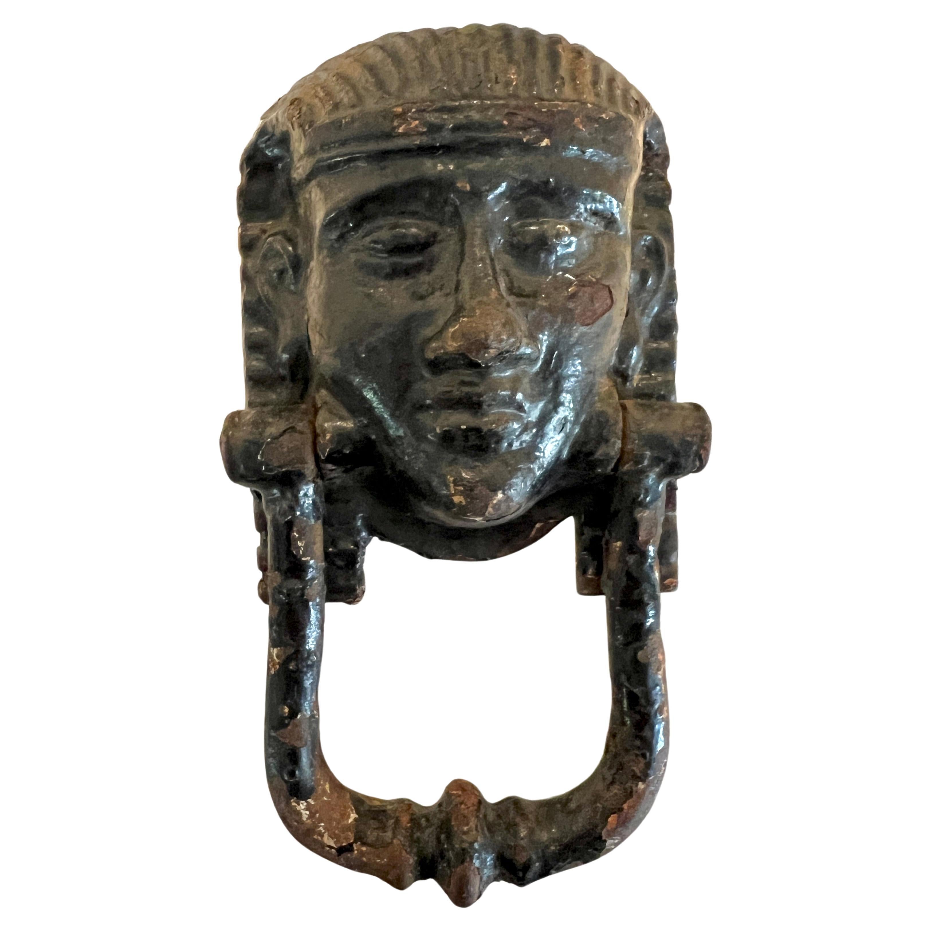 Circa 1900 English Cast Iron Pharaoh Head Door Knocker For Sale