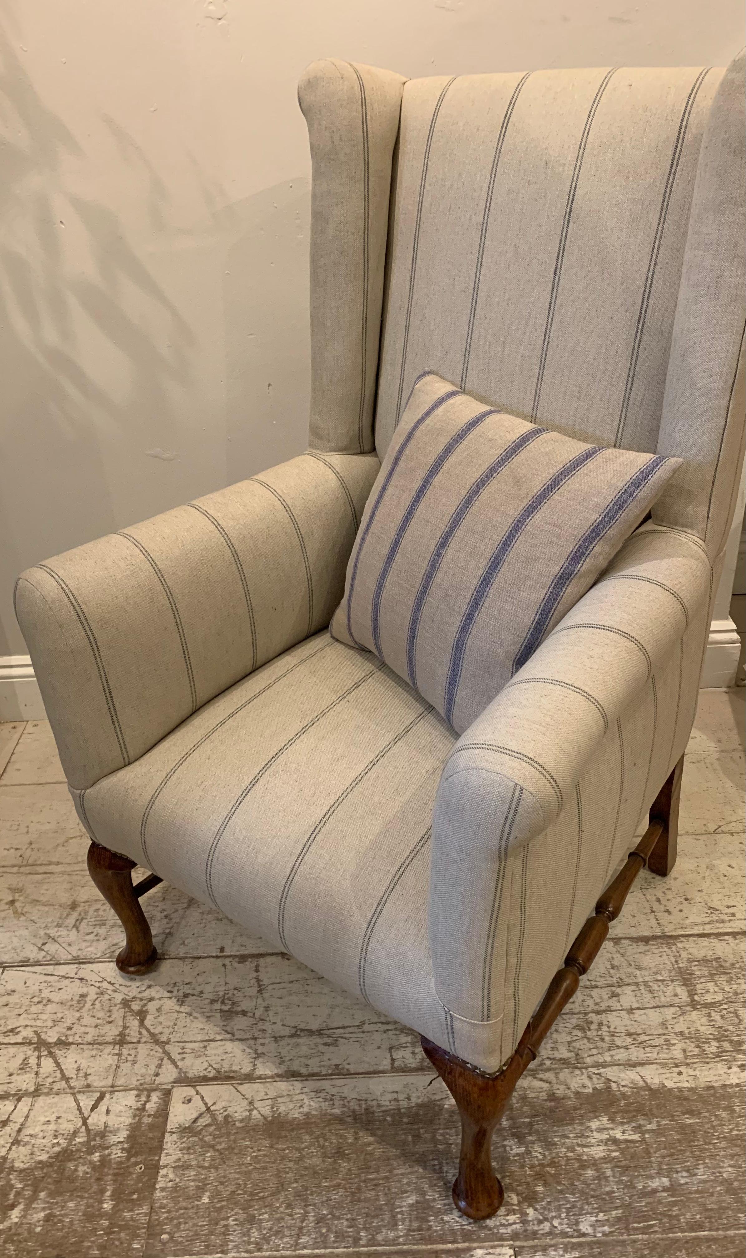Circa 1900 English Wingback Armchair with Walnut Legs in a Neutral Linen Fabric 3