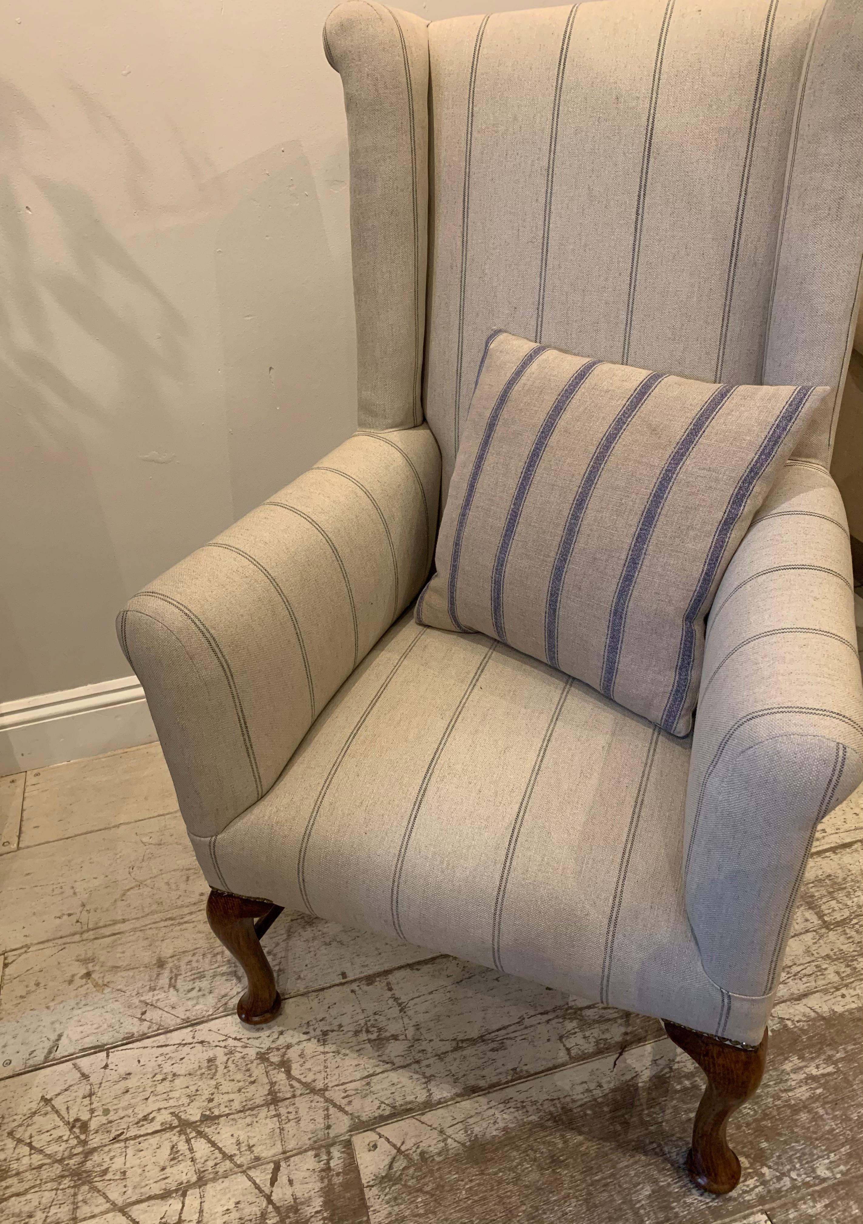 Circa 1900 English Wingback Armchair with Walnut Legs in a Neutral Linen Fabric 2