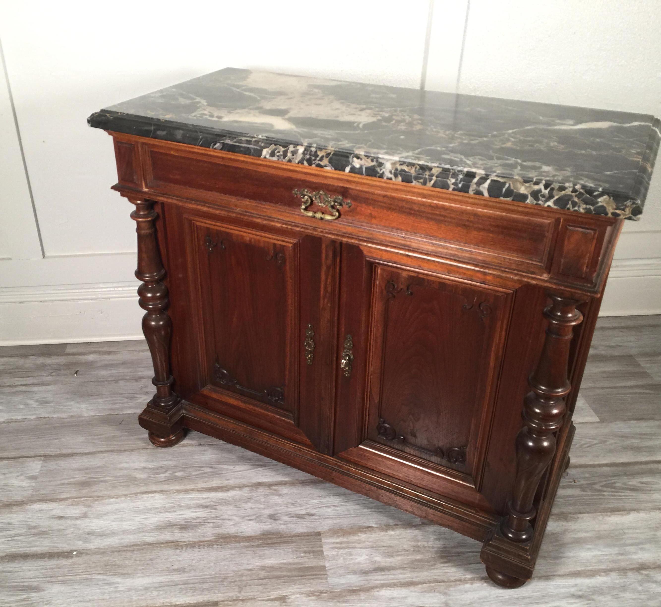 European Walnut Carved Marble-Top, Two-Drawer, Two-Door Cabinet, Bar, circa 1900 4