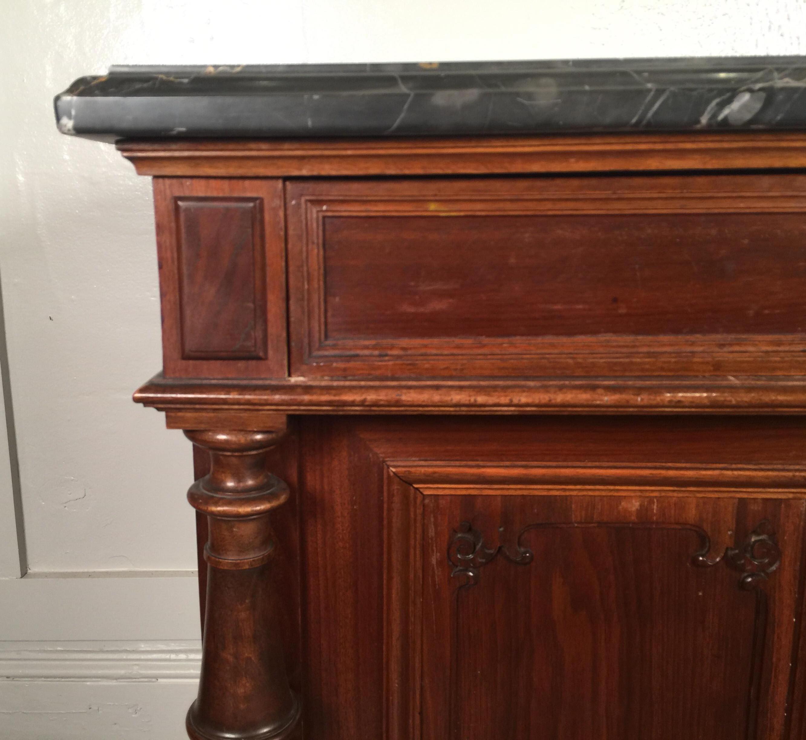 European Walnut Carved Marble-Top, Two-Drawer, Two-Door Cabinet, Bar, circa 1900 In Good Condition In Lambertville, NJ