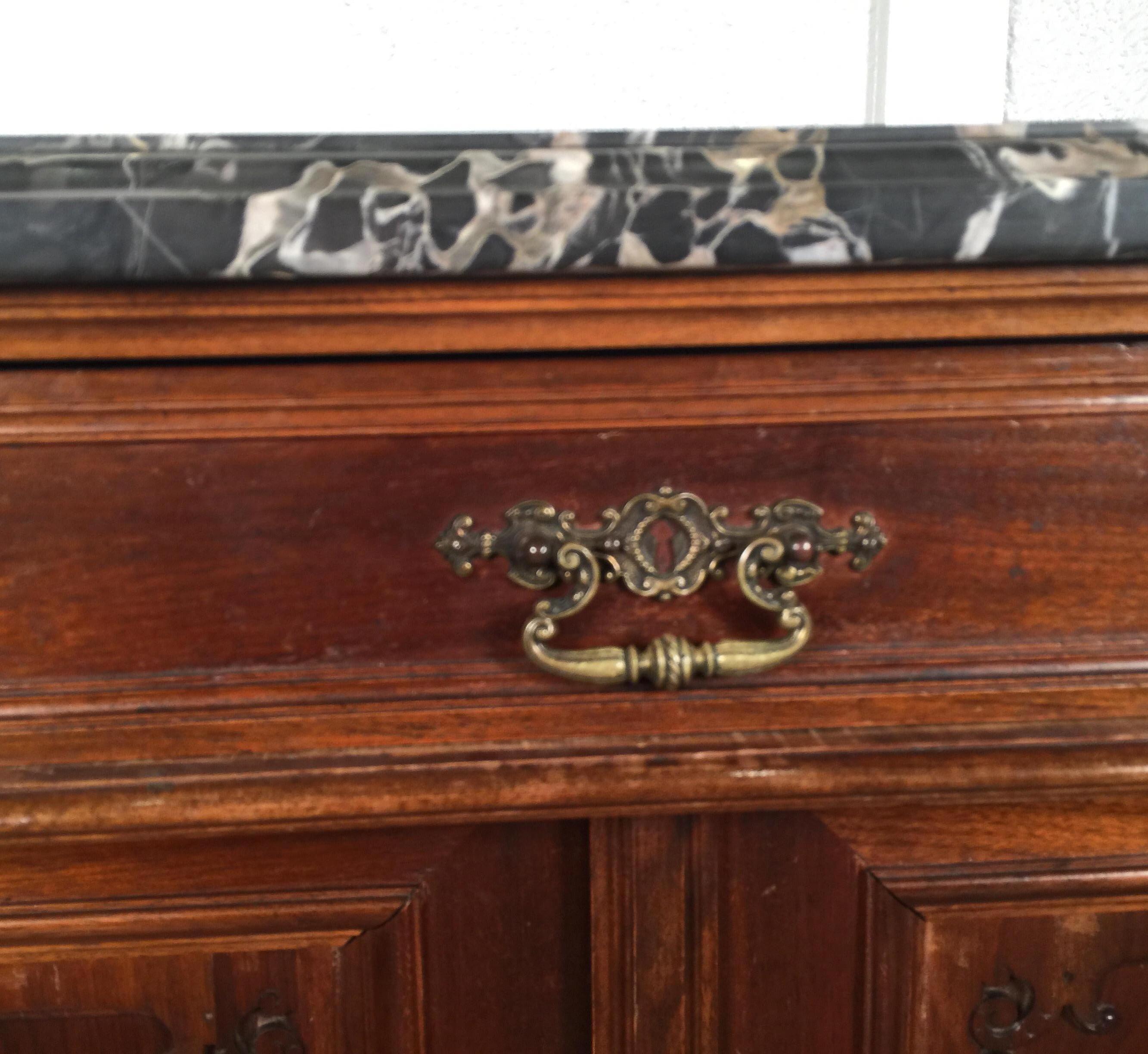 Early 20th Century European Walnut Carved Marble-Top, Two-Drawer, Two-Door Cabinet, Bar, circa 1900