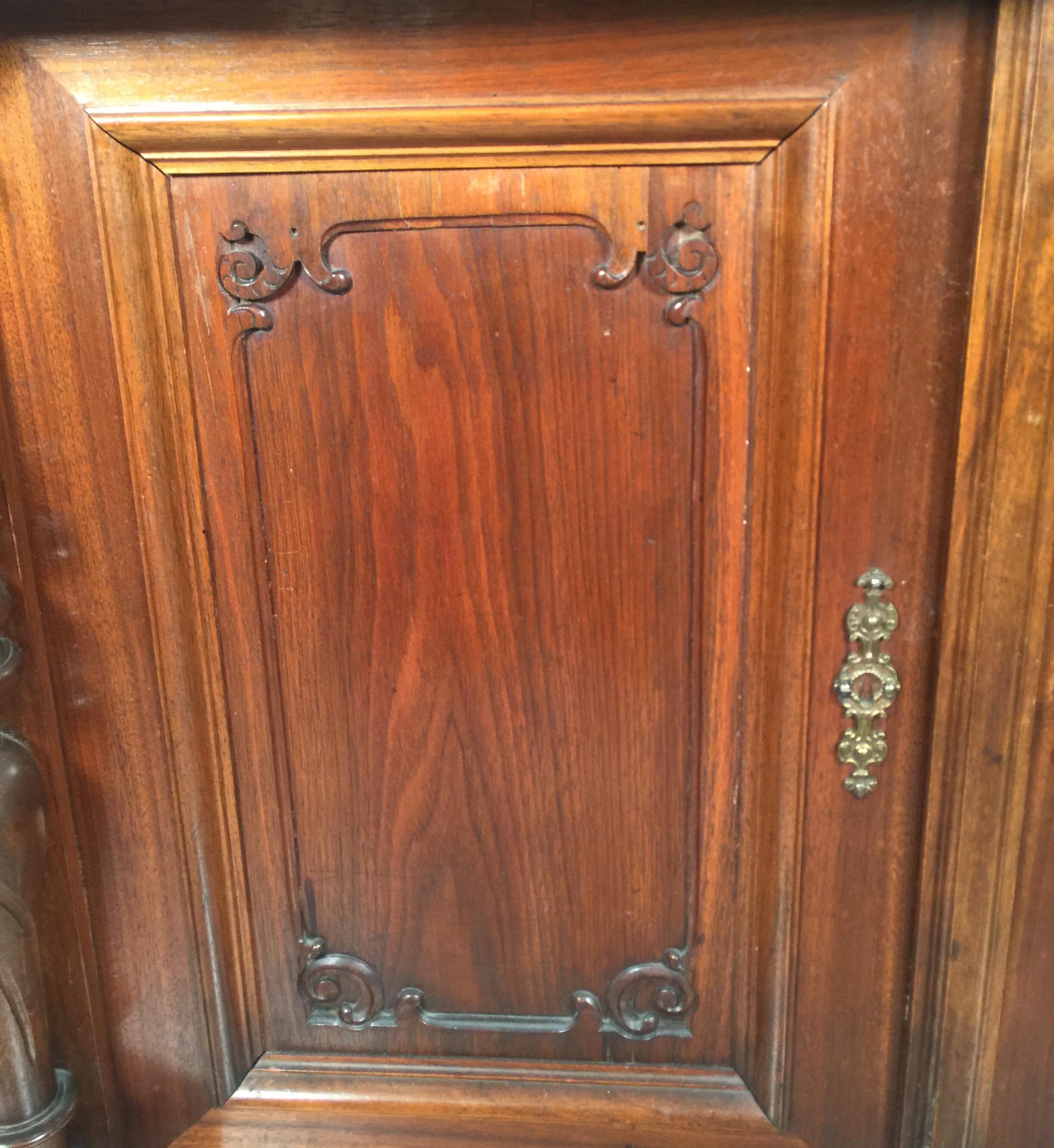 European Walnut Carved Marble-Top, Two-Drawer, Two-Door Cabinet, Bar, circa 1900 1