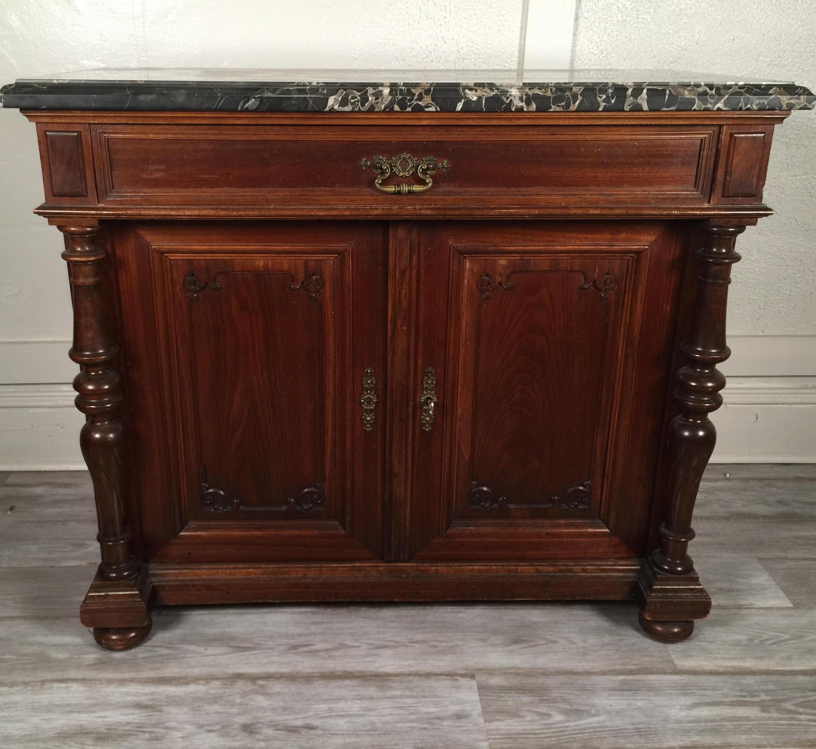 European Walnut Carved Marble-Top, Two-Drawer, Two-Door Cabinet, Bar, circa 1900 3