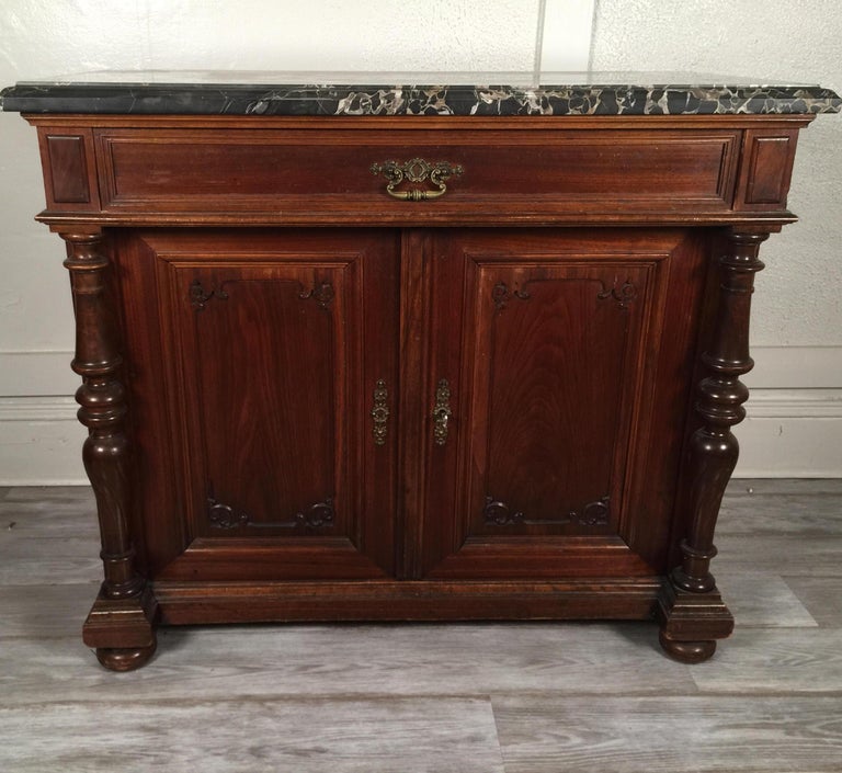 European Walnut Carved Marble Top Two Drawer Two Door Cabinet
