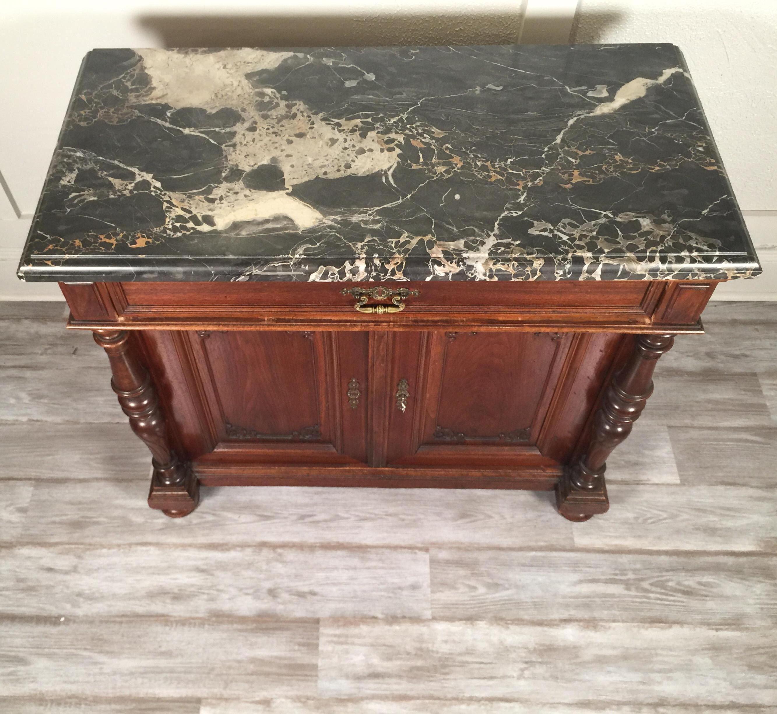 European Walnut Carved Marble-Top, Two-Drawer, Two-Door Cabinet, Bar, circa 1900 3