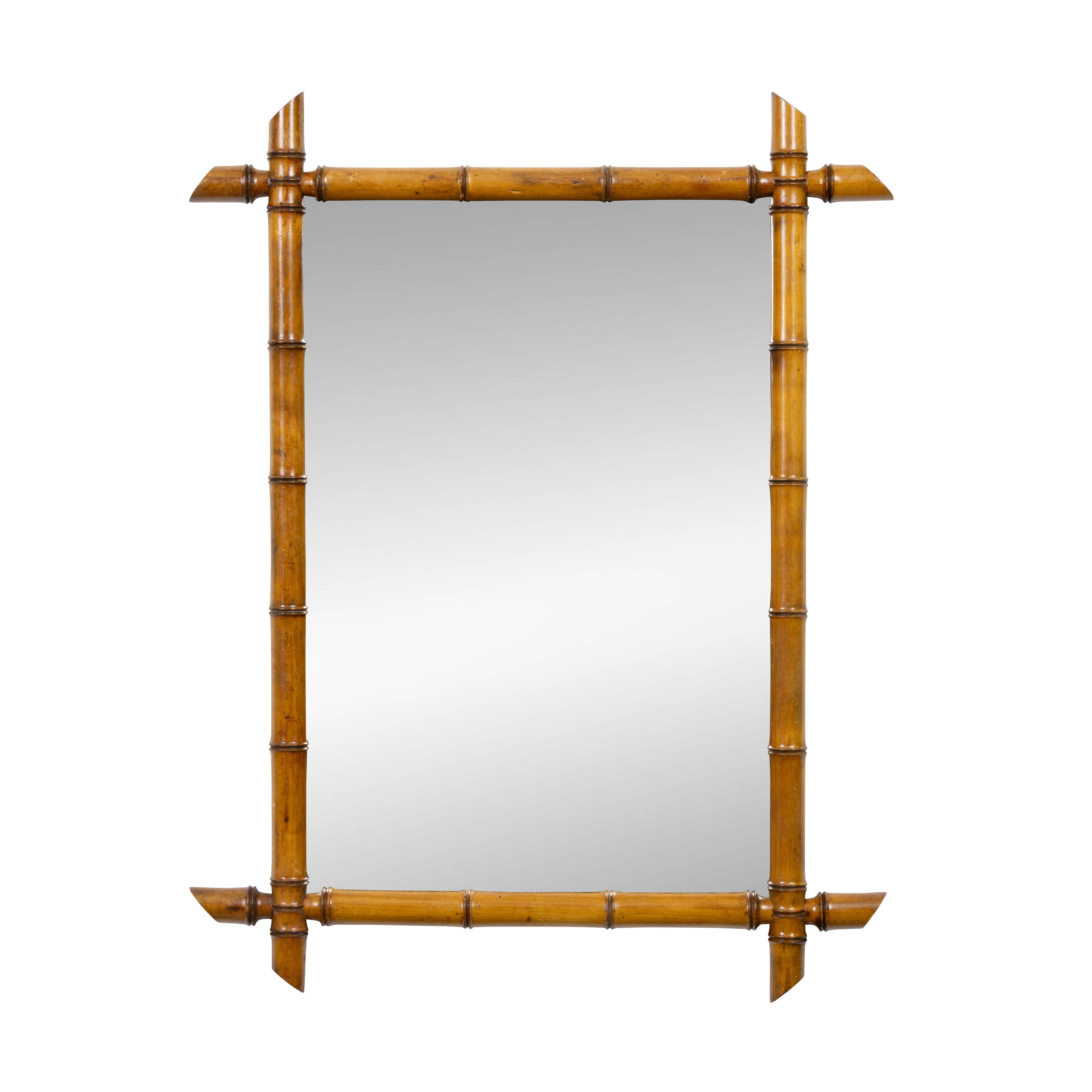 Circa 1900 Faux Bamboo Rectangular Mirror with Decorative Corner Finials For Sale
