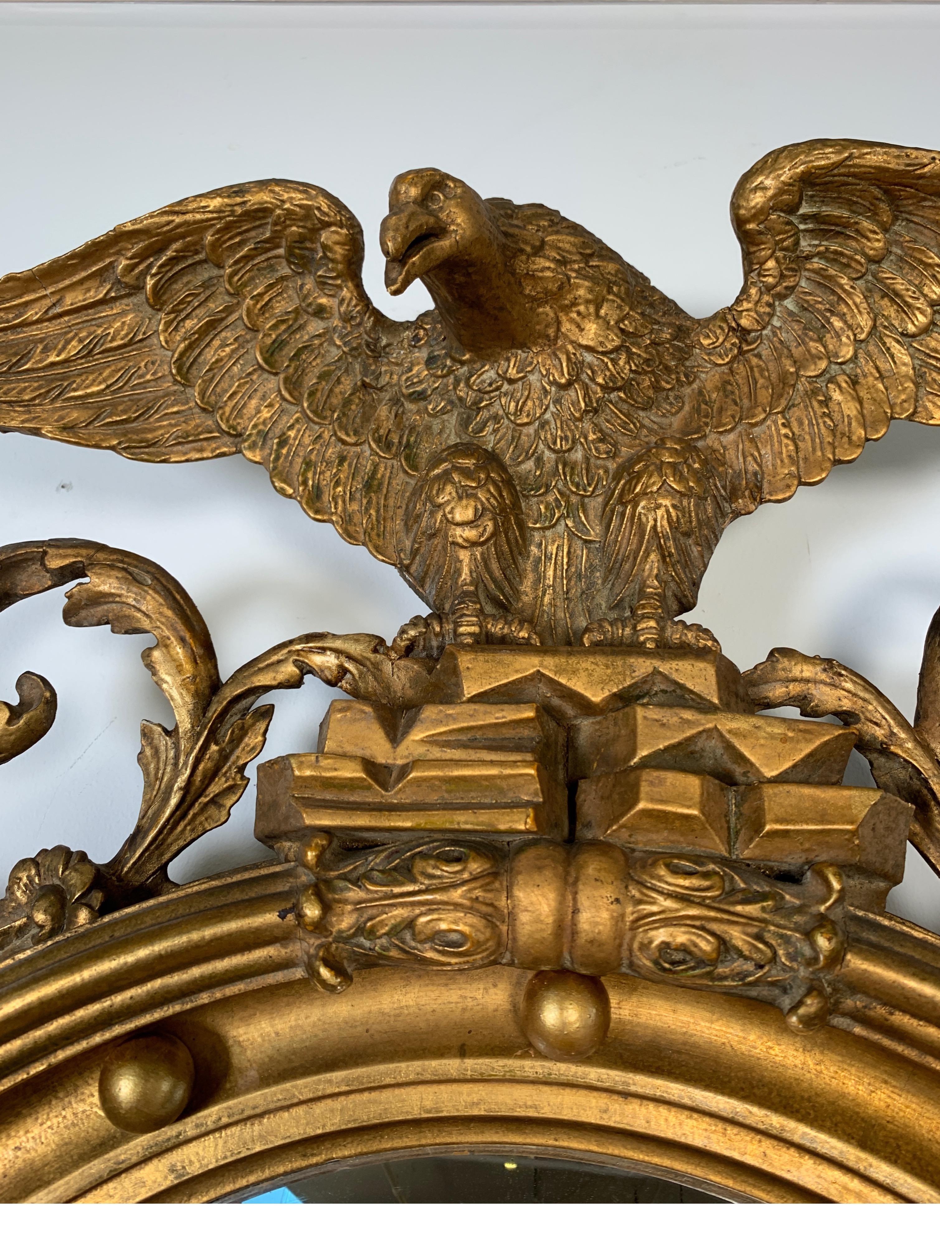 Gesso Federal Style Carved Gilt Bullseye Mirror W/ American Eagle on Crest, circa 1900