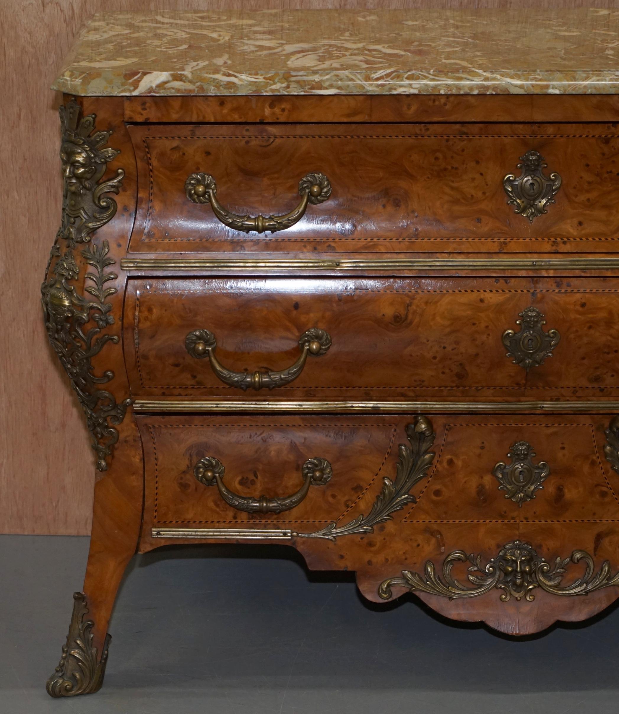 Early 20th Century French Burr Walnut Bronze Fittings Marble-Top Bombe Chest of Drawers, circa 1900