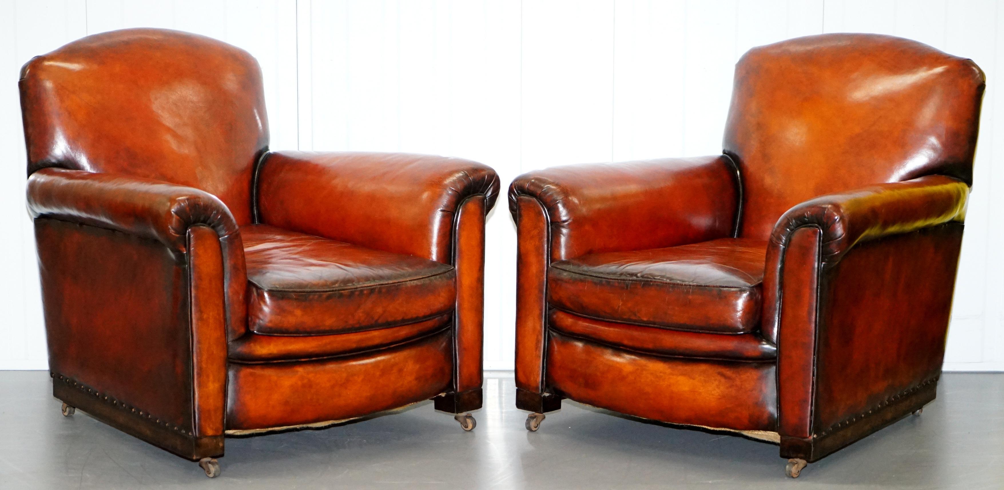 Fully Restored Whisky Brown Leather Sofa & Pair of Armchairs Suite, circa 1900 6