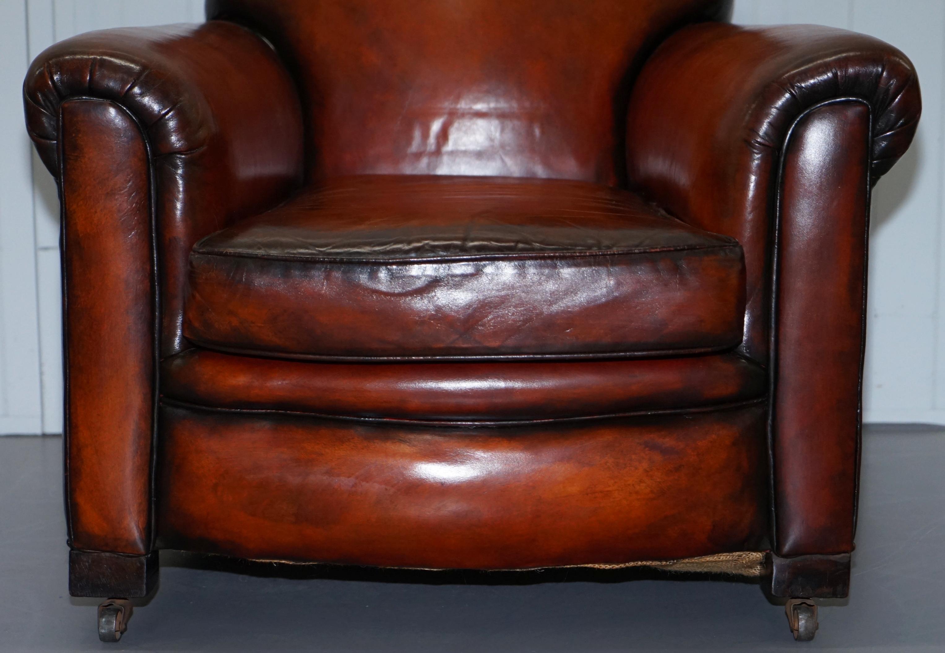 Fully Restored Whisky Brown Leather Sofa & Pair of Armchairs Suite, circa 1900 11