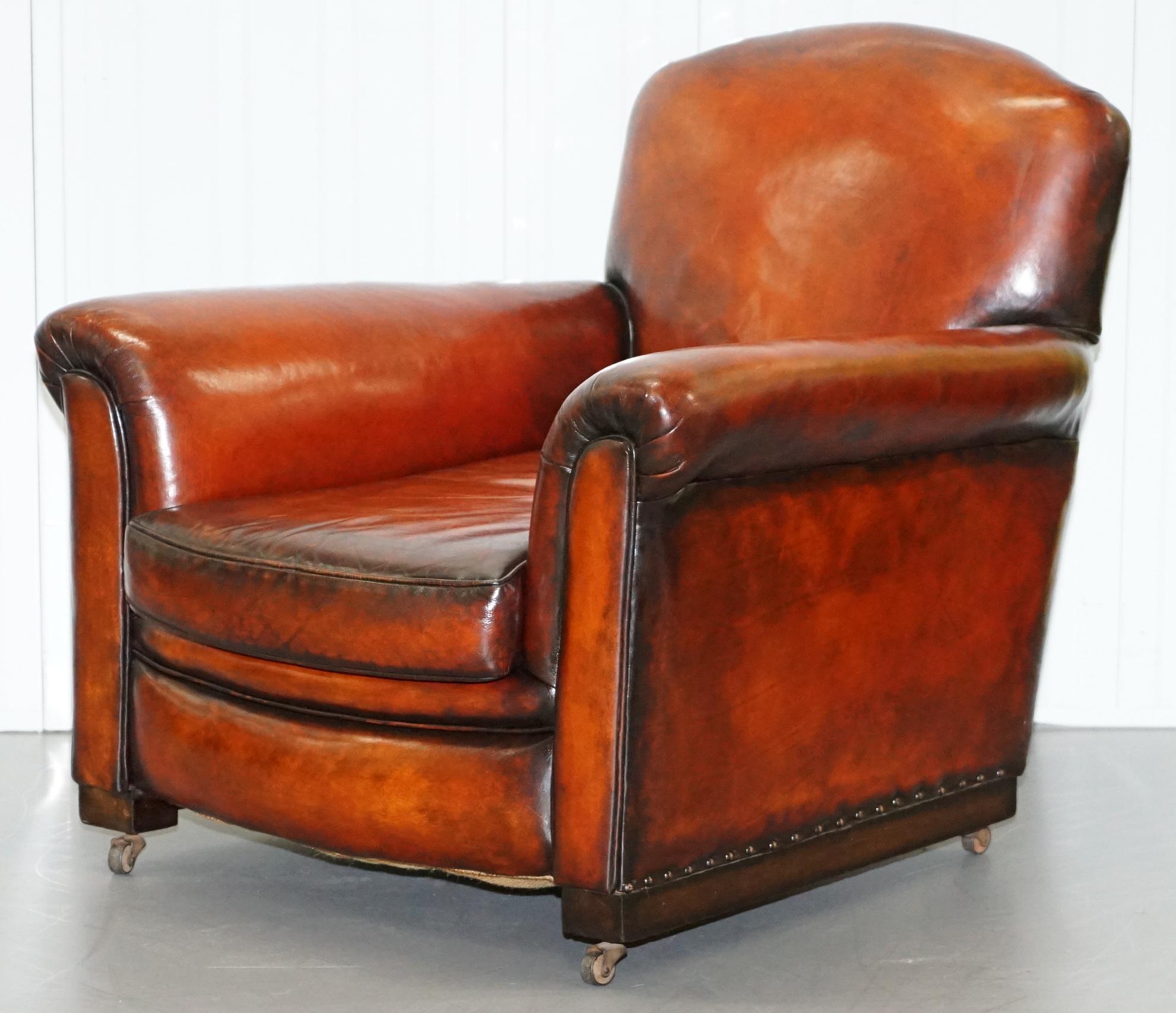 Fully Restored Whisky Brown Leather Sofa & Pair of Armchairs Suite, circa 1900 14