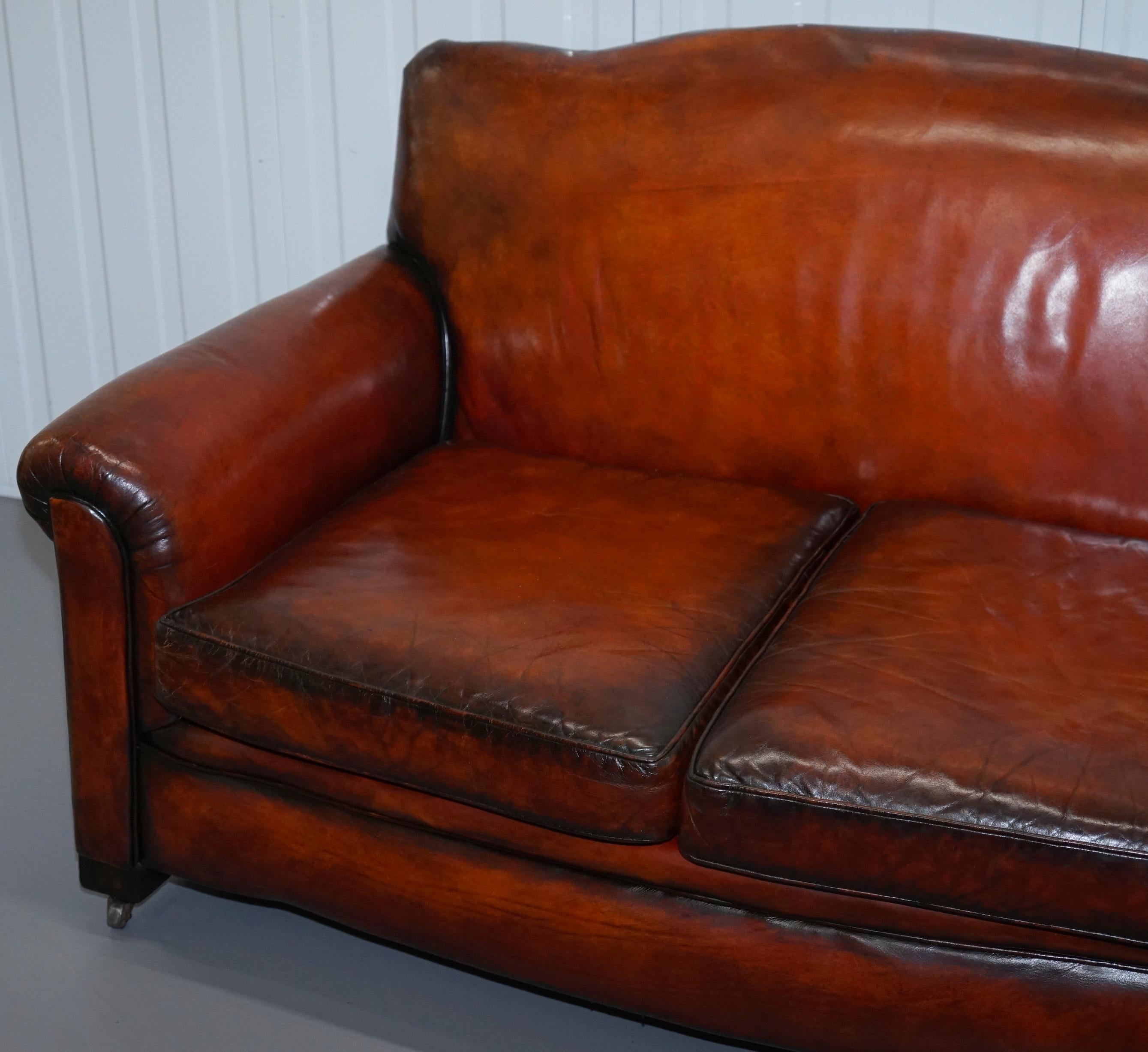 English Fully Restored Whisky Brown Leather Sofa & Pair of Armchairs Suite, circa 1900