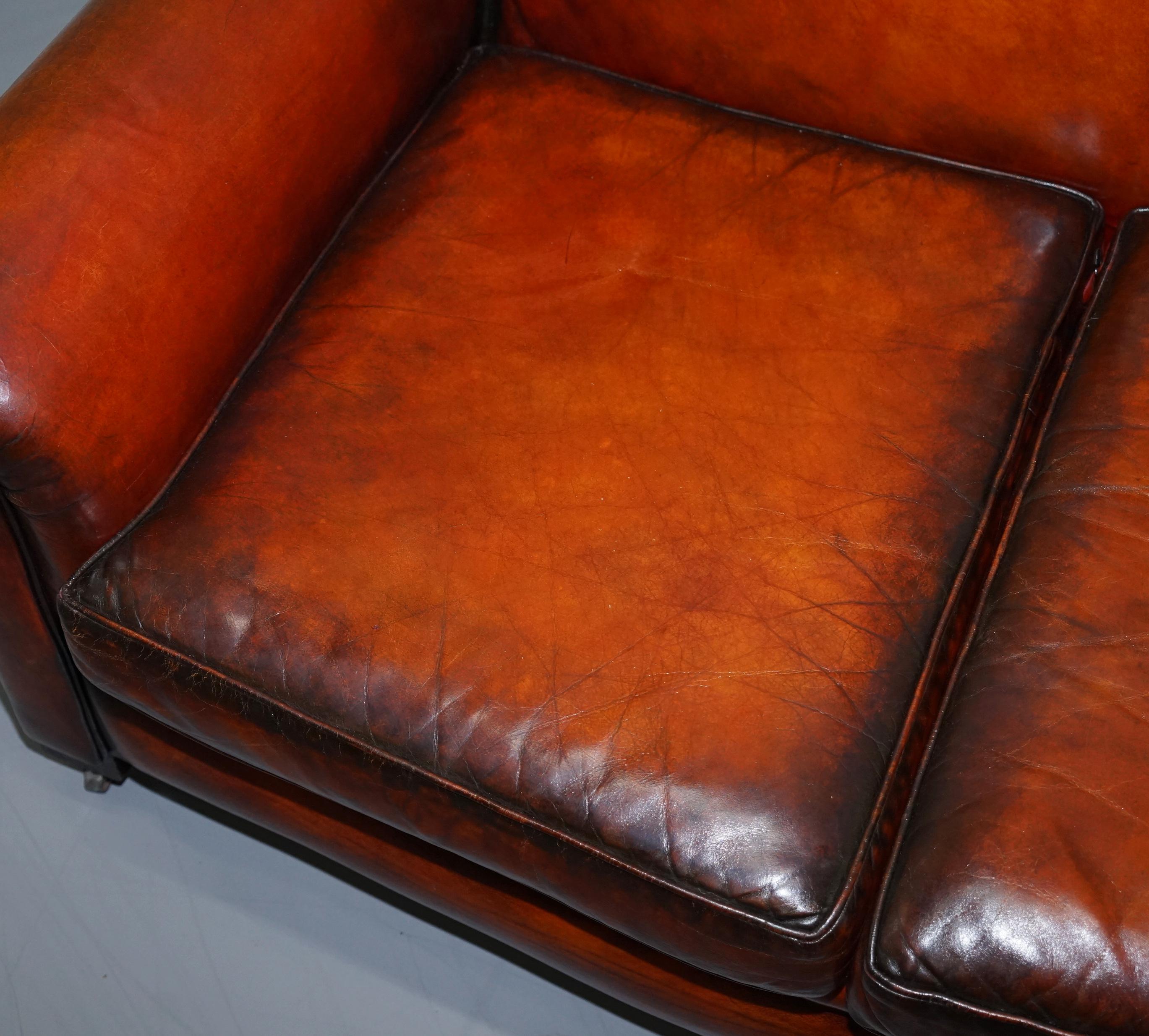 Fully Restored Whisky Brown Leather Sofa & Pair of Armchairs Suite, circa 1900 1