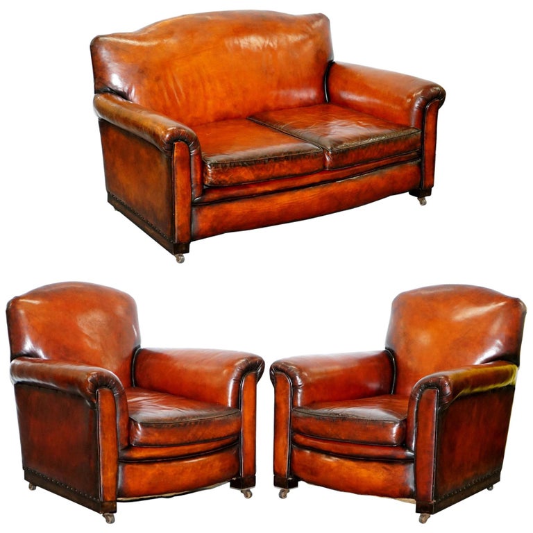 Fully Restored Whisky Brown Leather Sofa and Pair of Armchairs Suite