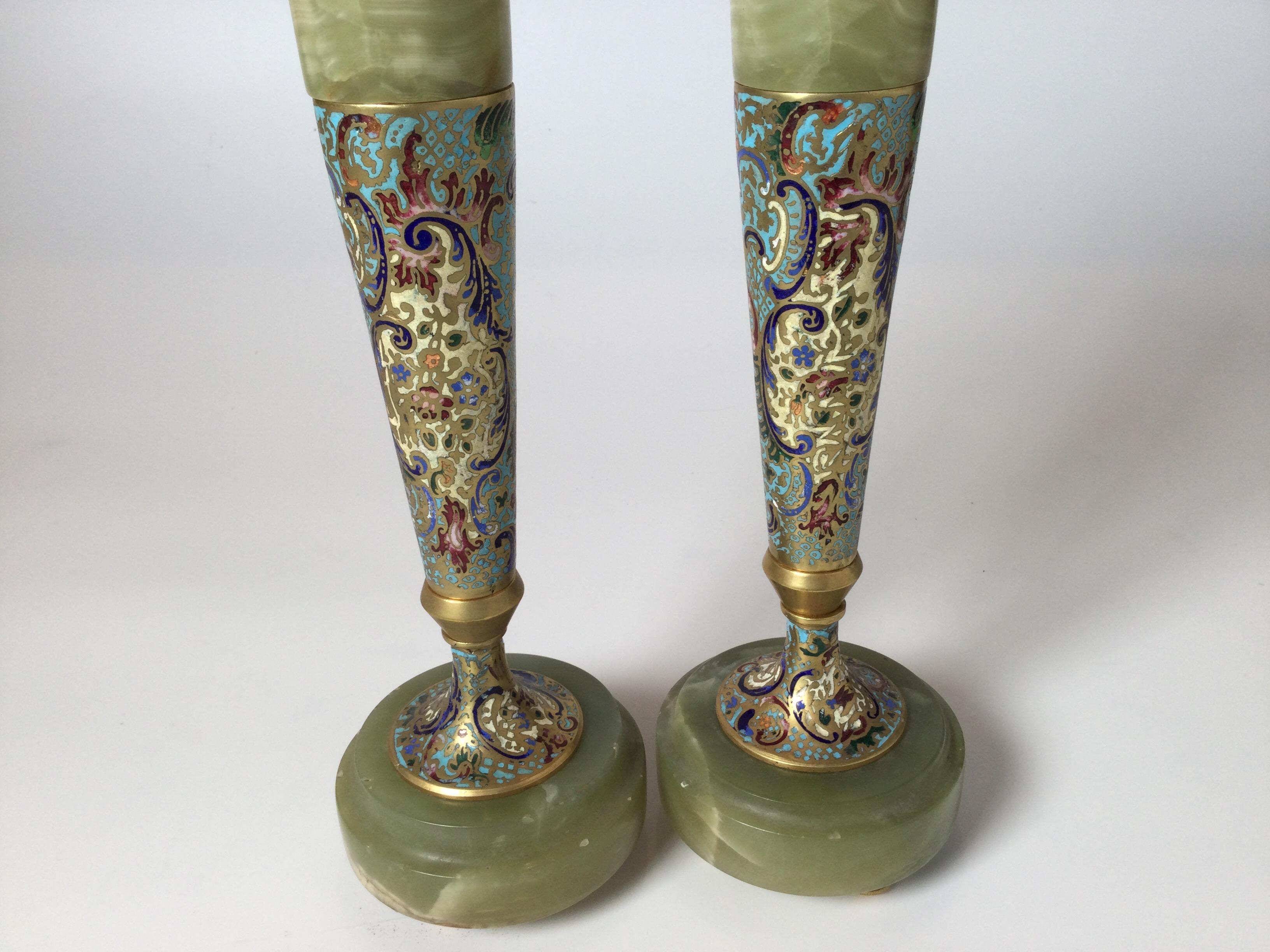 Belle Époque Circa 1900 Gilt Bronze Champleve' and Onyx Tall Candlesticks
