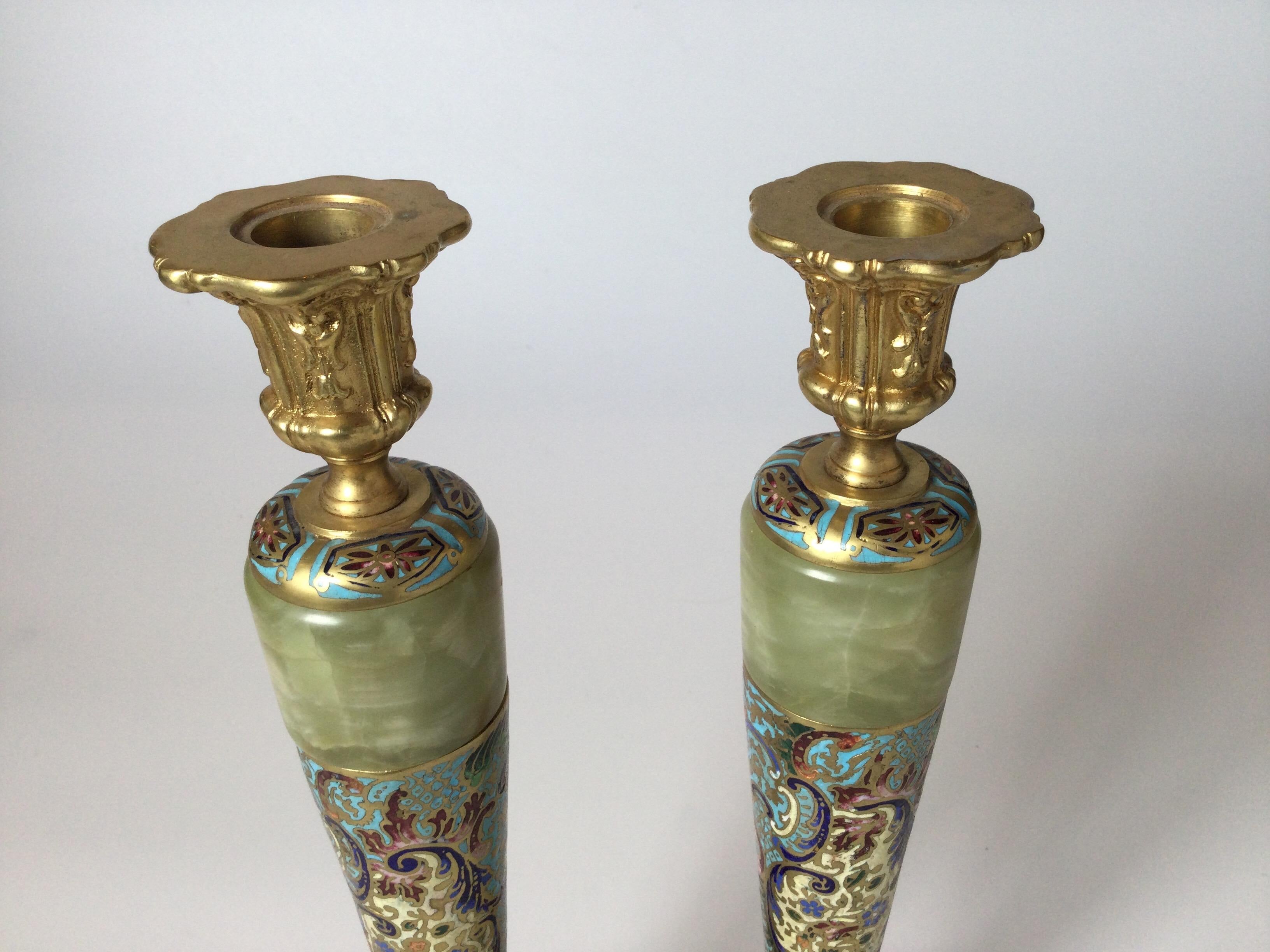 French Circa 1900 Gilt Bronze Champleve' and Onyx Tall Candlesticks